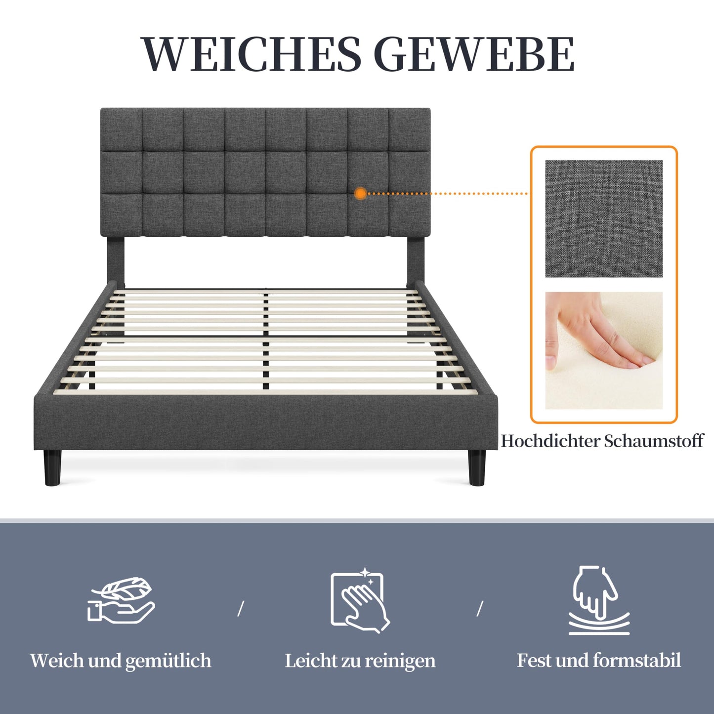Yaheetech Upholstered Bed 140 x 200 cm Double Bed with Height-Adjustable Headboard, Sturdy Bed Frame, Fabric Bed with Slatted Frame, Padded Bed Frame, Youth Bed, Dark Grey