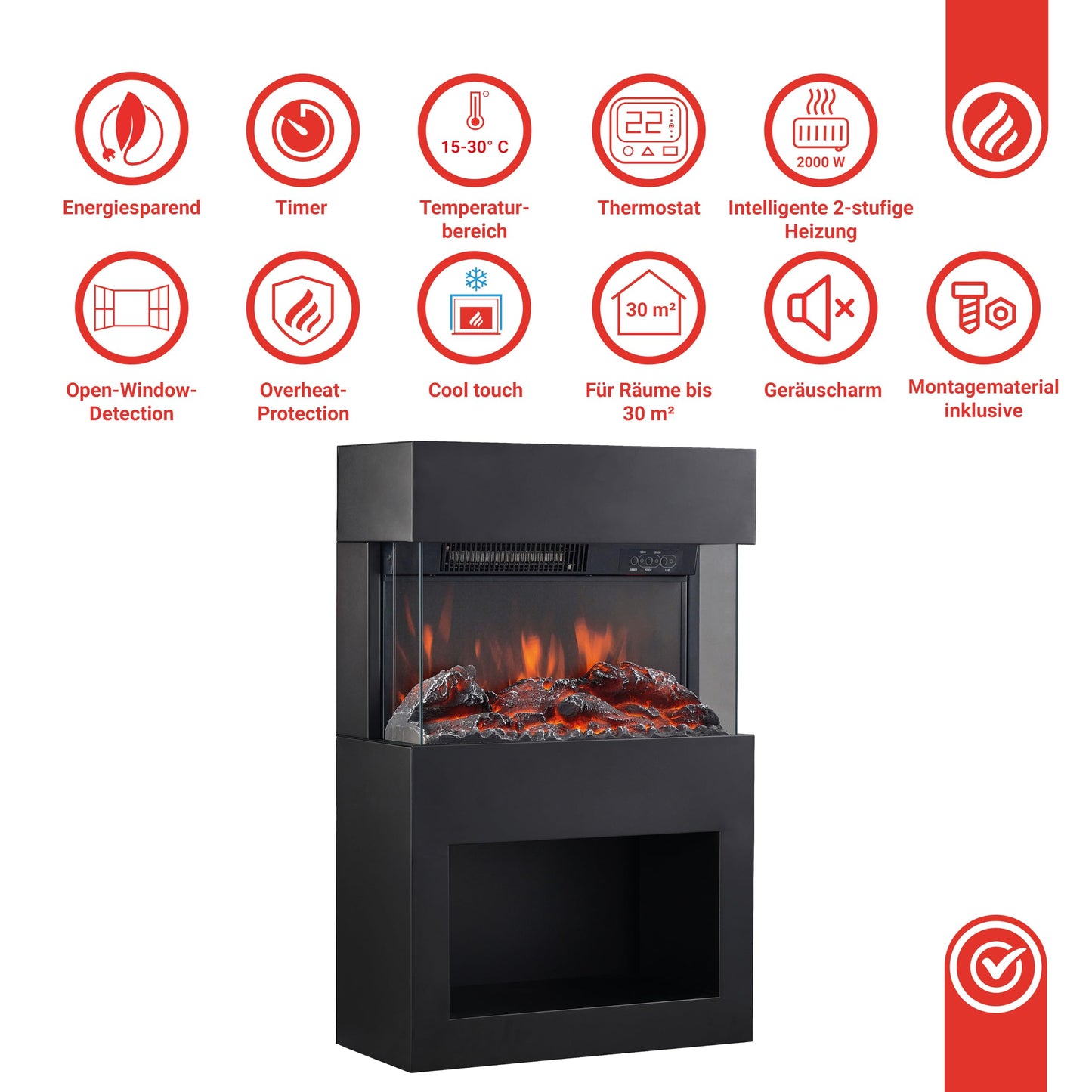 KAMINIO Henri Electric Fireplace with Heater, 3D Flame Effect, Wooden Compartment, Remote Control (White)