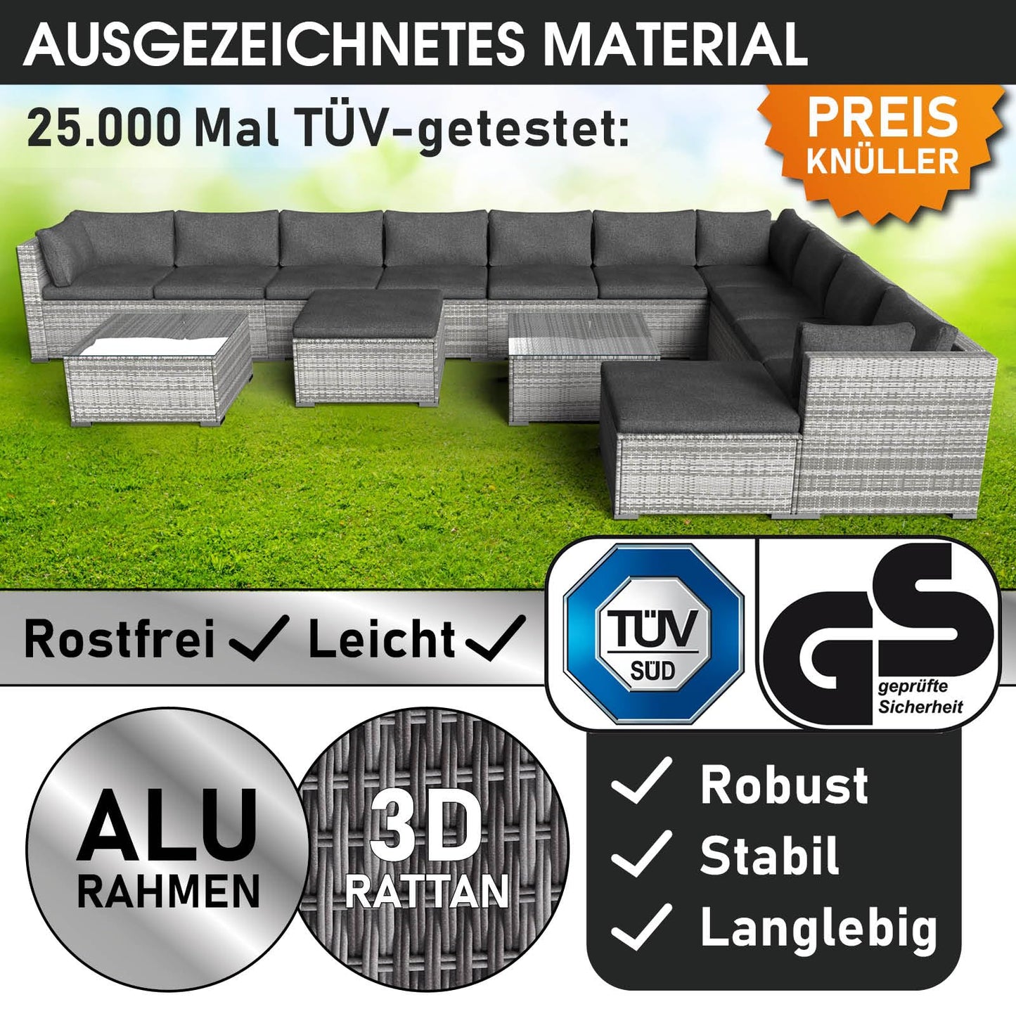BRAST® Gartenmöbel Lounge Set XXL | 8-12 Personen viele Modelle & Farben | inkl. extra Dicke Kissen | TÜV geprüft | Outdoor Loungemöbel Sitzgruppe Essgruppe Garnitur | Dreams Grau