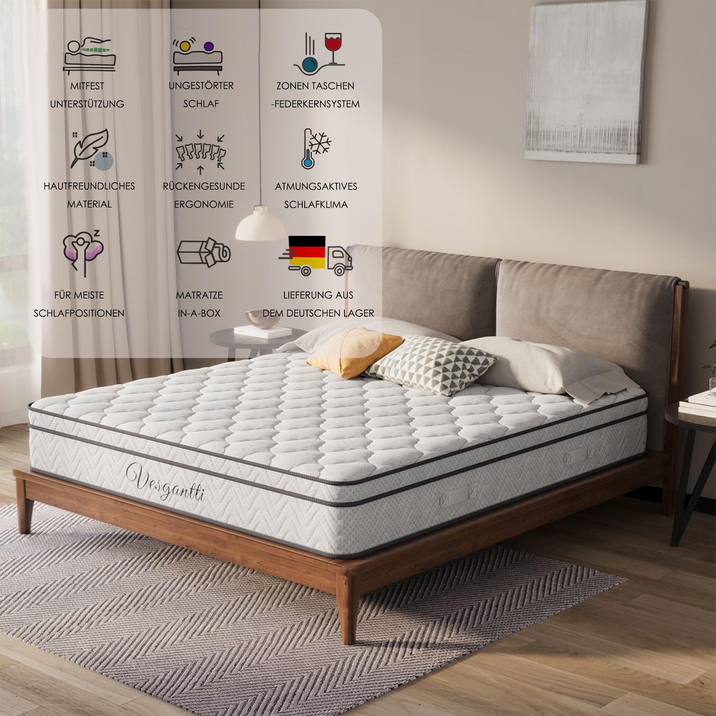 Vesgantti Matratze 180x200 höhe 22cm H3 7-Zonen Taschenfederkernmatratze Mittelfeste Orthopädischem Kaltschaummatratze Öko-Tex Zertifiziert Matratzen Klassik BoxTop