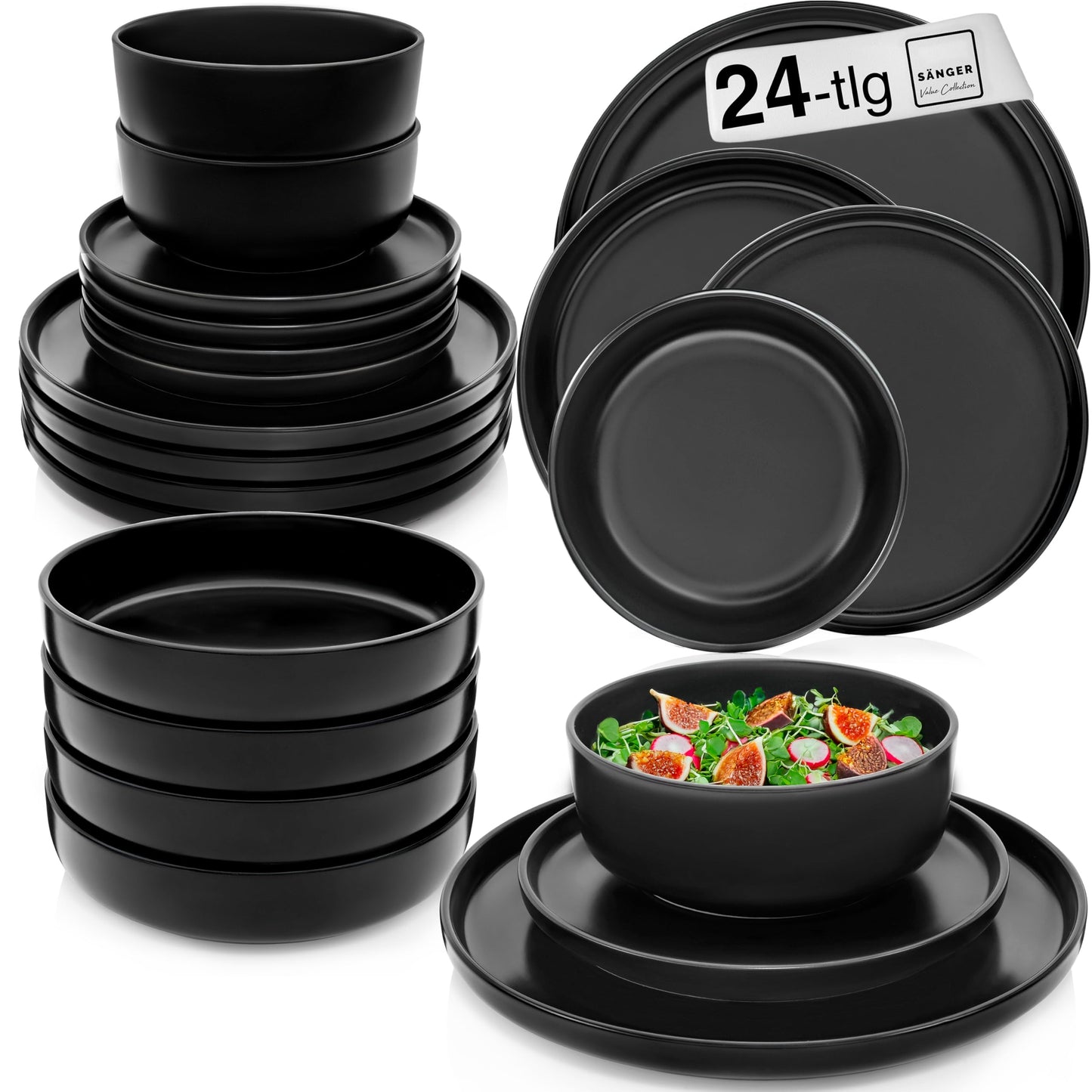 SÄNGER Madeira | Steingut Geschirr Set 18 tlg, Teller Set 6 Personen, Geschirrset 6x Speiseteller 6x Müslischalen 6x Dessertteller, Tafelservice schwarz kratzfest, Essgeschirr matt | VALUE COLLECTION
