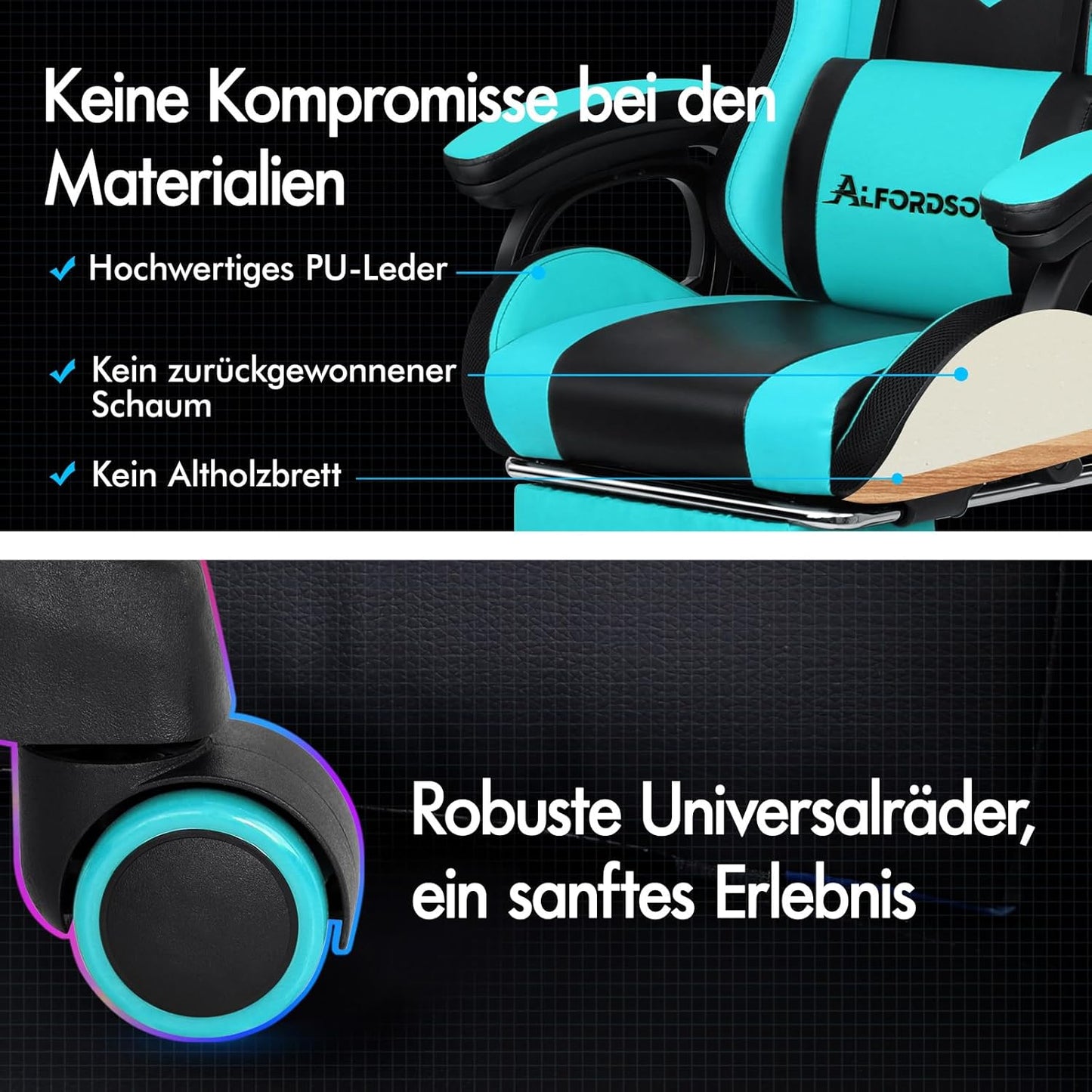 ALFORDSON Gaming-Stuhl, LED-Racing-Gamer-Stuhl mit 12-Farben-RGB-Beleuchtung, Massage-Gaming-Stuhl mit Lordosenstütze, Fußstütze, PU-Material, Cyan