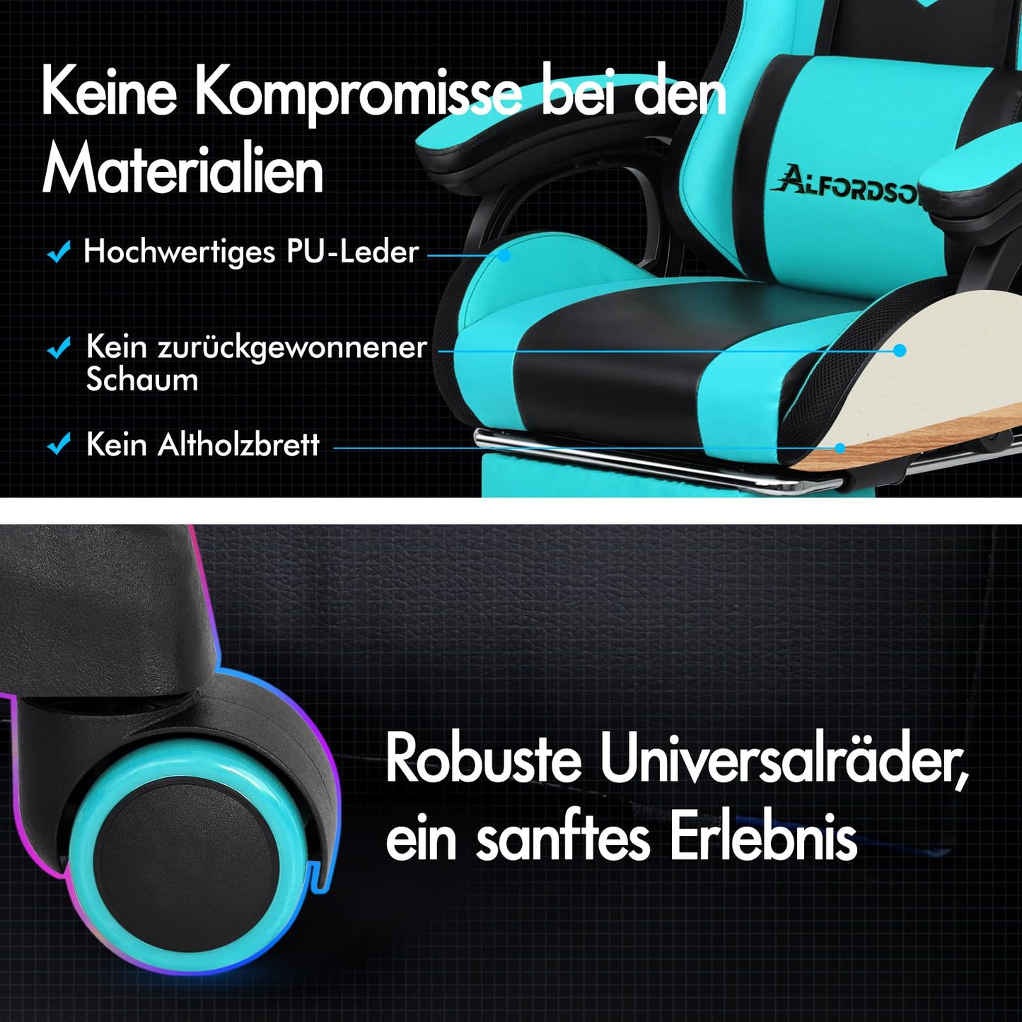 ALFORDSON Gaming Stuhl mit 8-Punkt Massage 12 Farben RGB LED-Licht, Bürostuhl Ergonomisch mit fußstützen, Kopfstütze Lendenkissen für Kinder Erwachsene, Schwarz