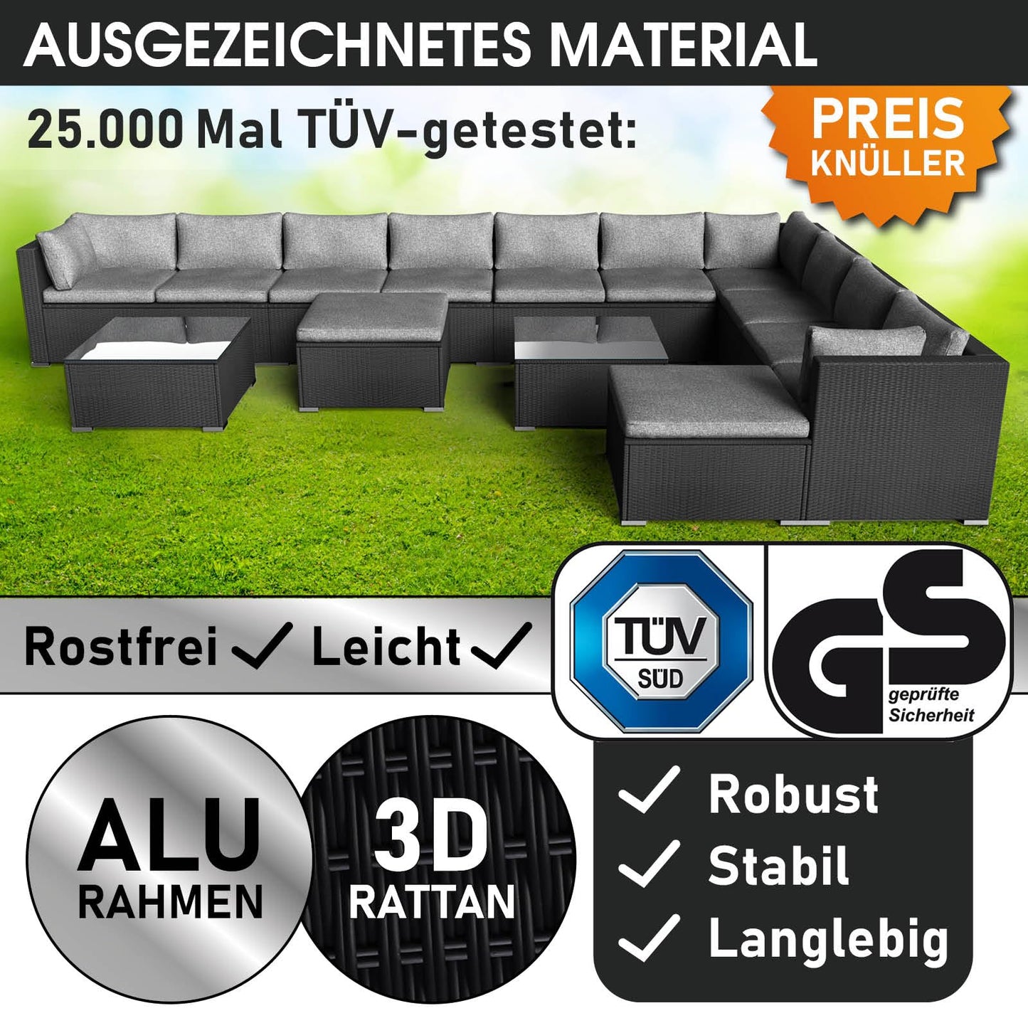 BRAST® Gartenmöbel Lounge Set XXL | 8-12 Personen viele Modelle & Farben | inkl. extra Dicke Kissen | TÜV geprüft | Outdoor Loungemöbel Sitzgruppe Essgruppe Garnitur | Dreams Grau