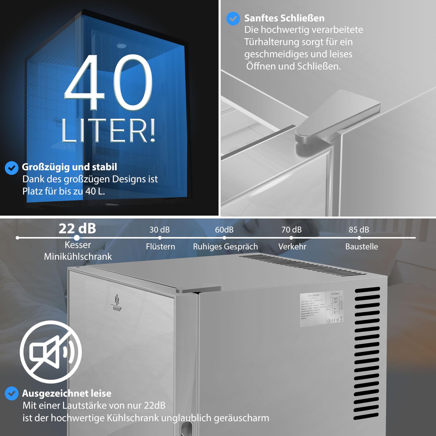 KESSER® Mini Fridge 40 L Lockable Mini Bar Ideal for Camping, Office, Bedroom, Hotel, Kitchen, Small Fridge Completely Silent, Interchangeable Door Hinge, Interior Lighting with Glass Opener