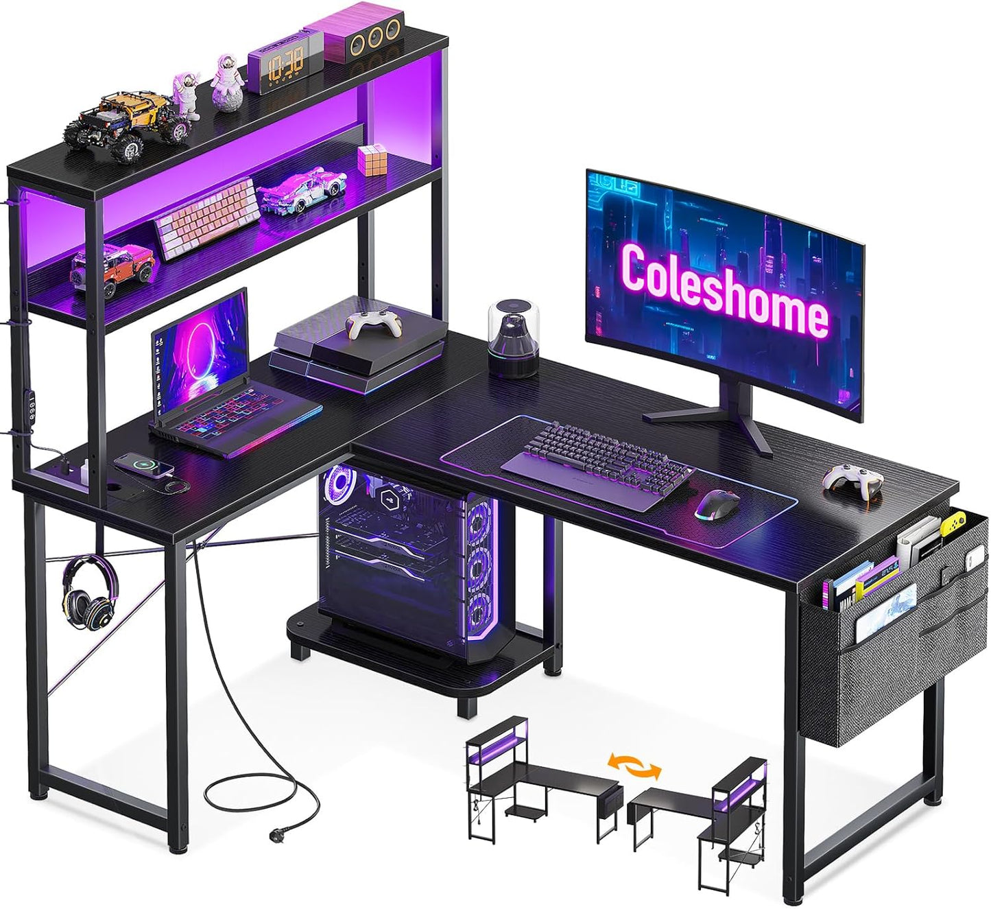 Coleshome Gaming Tisch L Form mit LED & Steckdosen, 135 × 100 cm Reversibel Gaming Schreibtisch mit Ablageregalen, Eckschreibtisch mit Aufbewahrungstasche für Homeoffice und Gaming, Schwarz