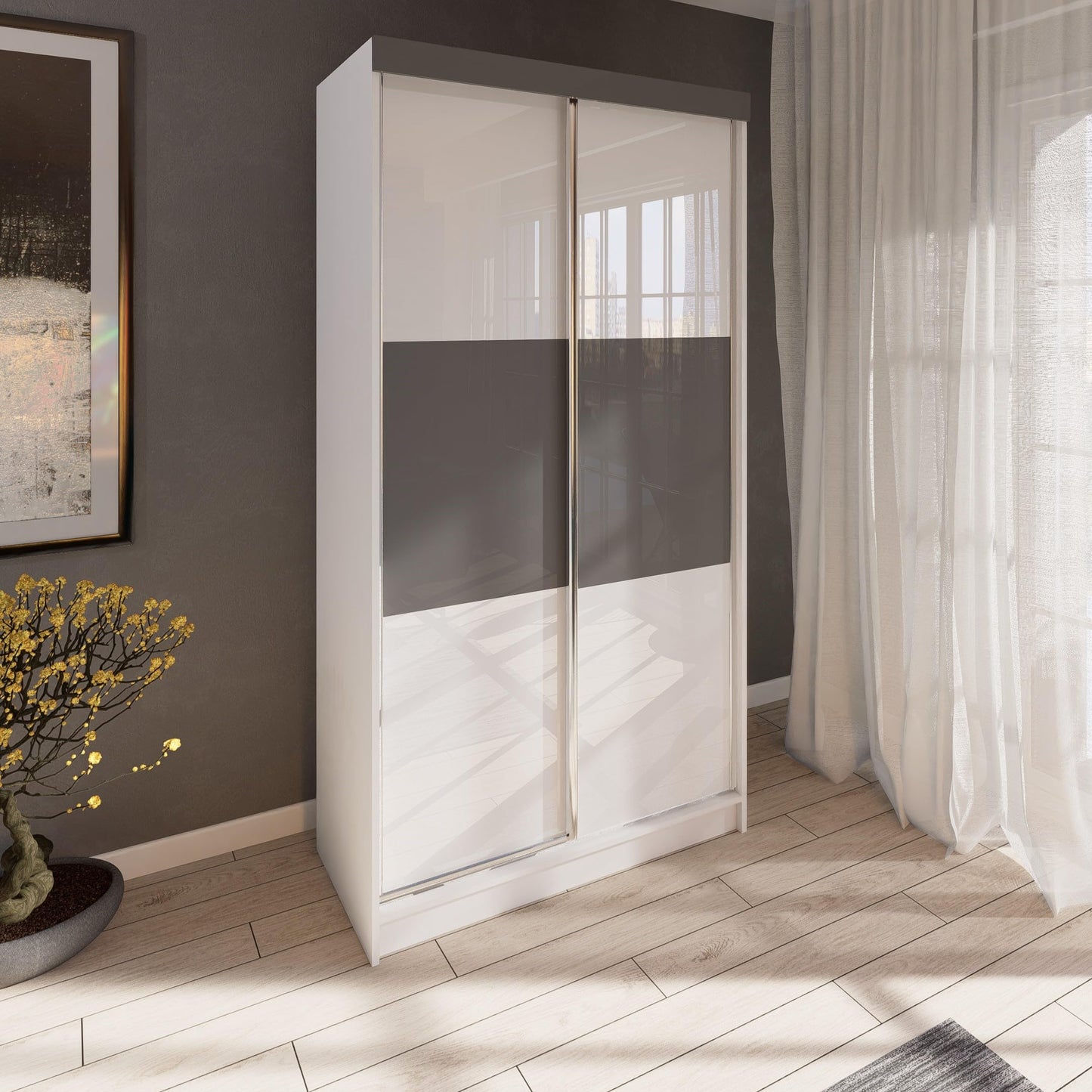 Marlux-Meble Two-Door Wardrobe 230 cm Wide with Floating and Sliding Doors Corner Wardrobe Bedroom Cabinet Hallway Cabinet System Cabinet High Gloss Cabinet