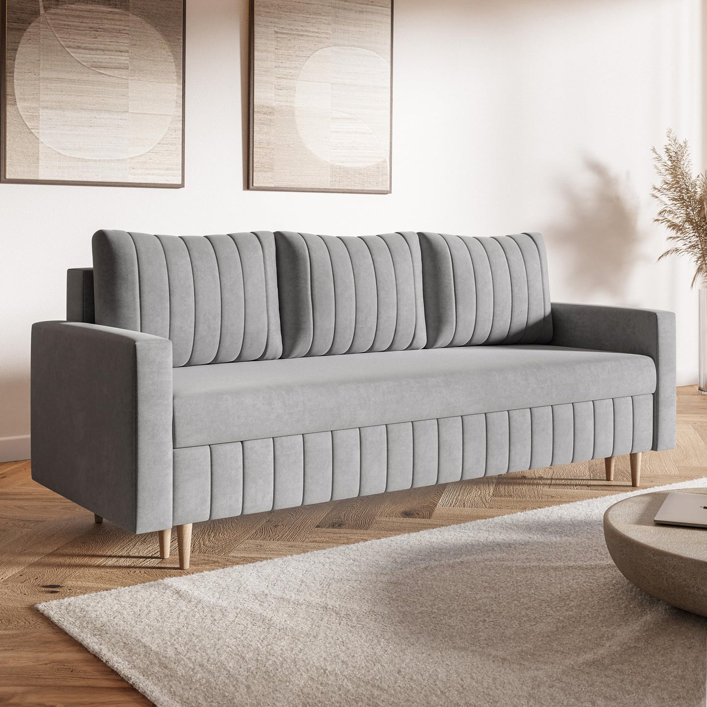 MOTIVENA Leo Sofa Set, Sofa Set 3 2 1 Living Room, Sofa 3 2 1 Set, Couch Set, Futon Set, Living Room Couch Set, Couch 3 2 1 Set, Bonell Spring Core (H4), Velvet, Grey Light Grey