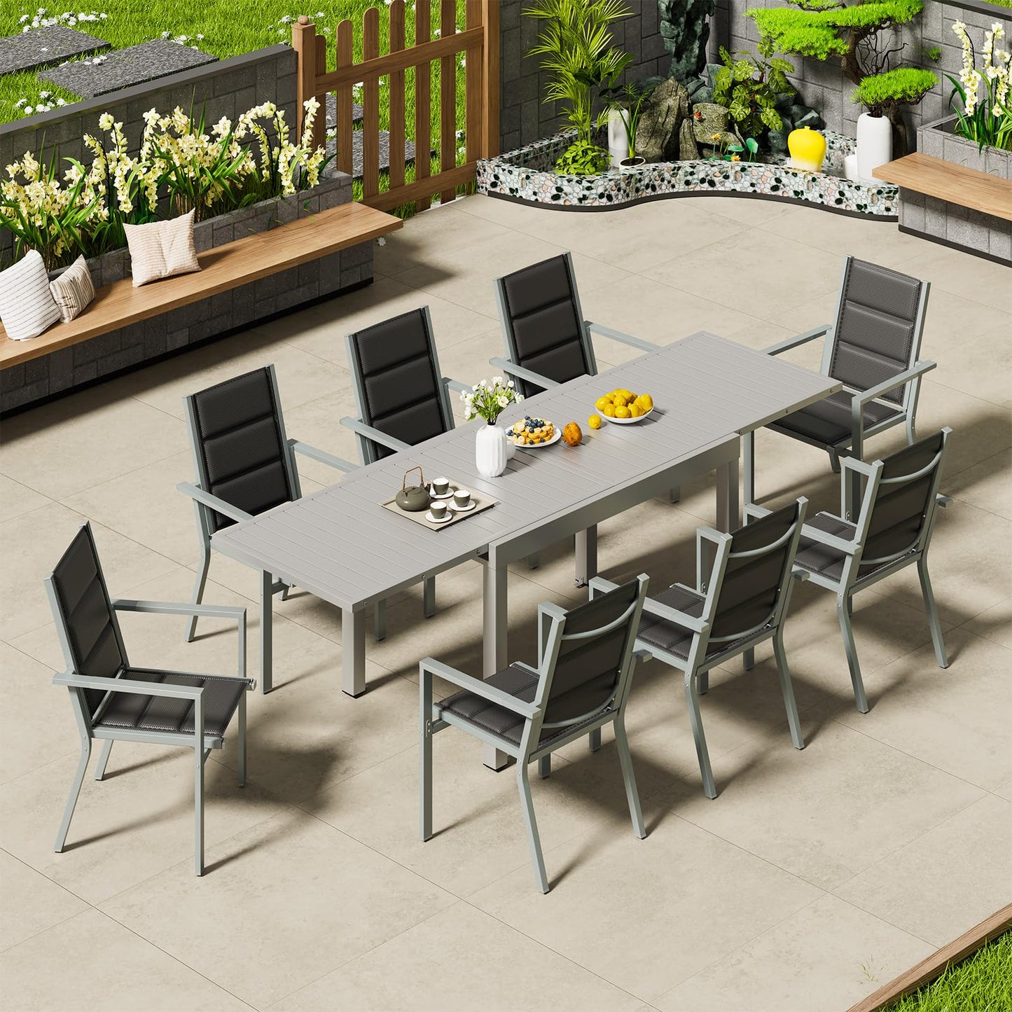 Devoko Garden Furniture Set for 8 People, 8 + 1 Aluminium Table and Chairs Set, Balcony Furniture, 8 Stackable Garden Chairs and 1 130/260 cm Stretchy Garden Table, Patio Furniture Sets Outdoor