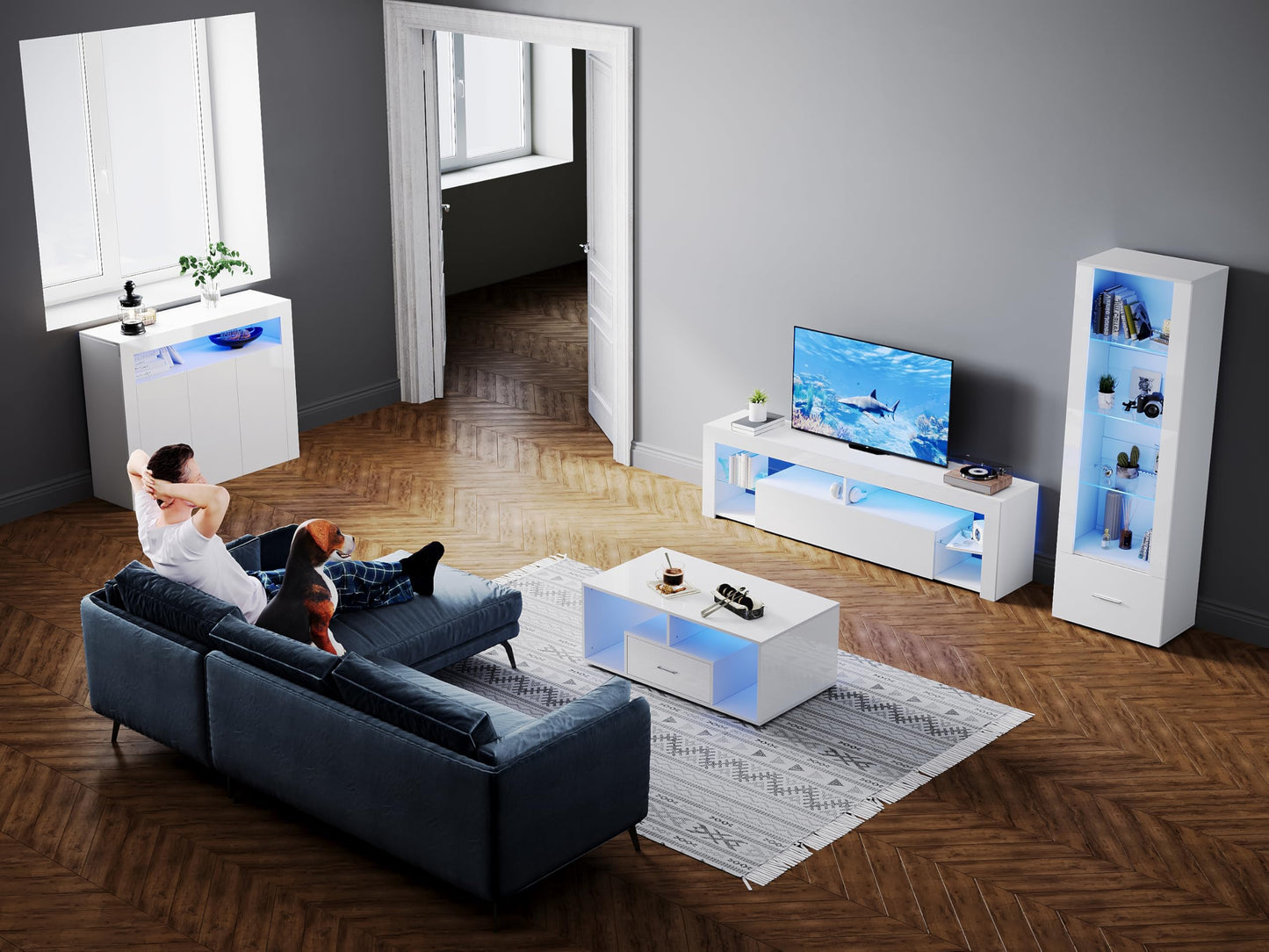 SONNI Modern TV Cabinet 180 cm, Lowboard High Gloss White with 16 Colours LED Lighting, Drawer, Open Glass Shelves, TV Stand for TVs up to 65 Inches, Living Room & Bedroom, 180 x 35 x 45 cm