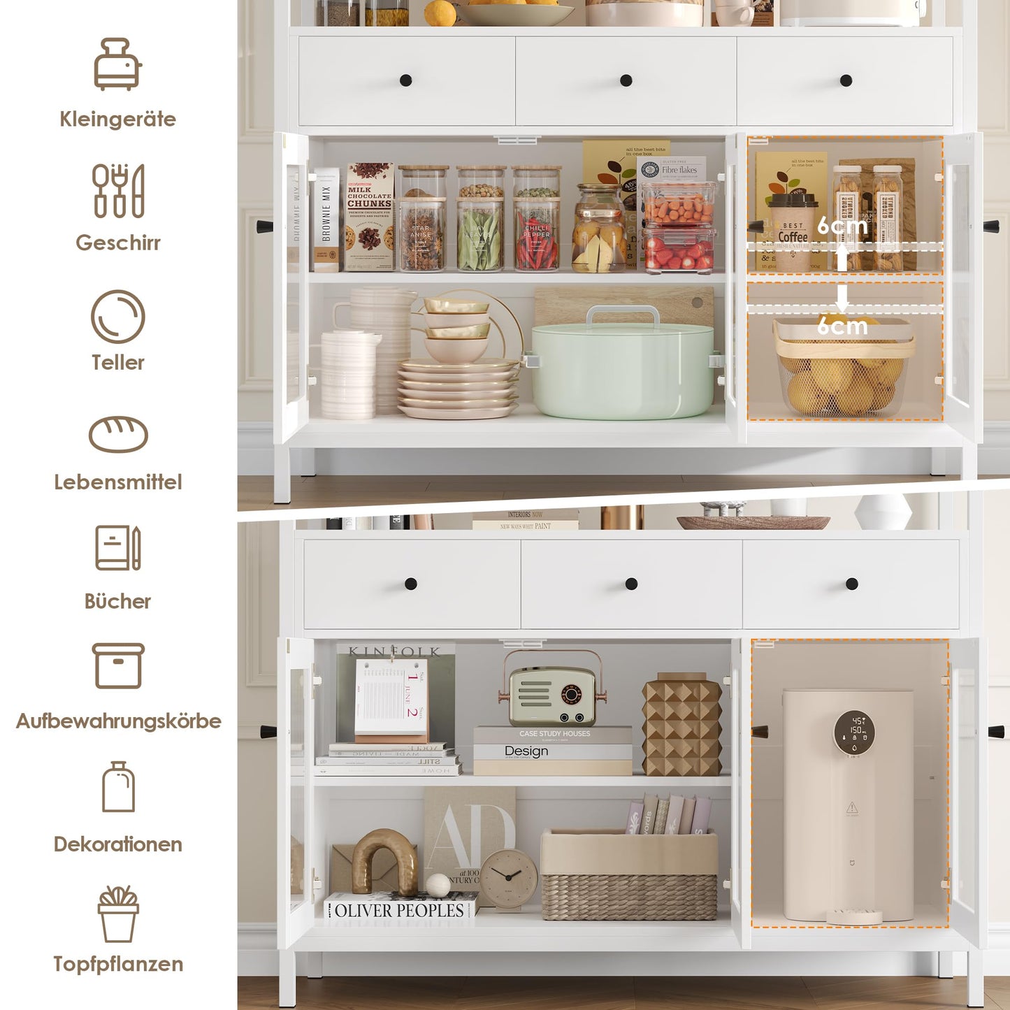 FirFurd Sideboard Küchenschrank mit Arbeitsplatte &3 Schubladen&3 Glastüren, Buffetschrank Kommode Kaffeebar Mehrzweckschrank, Sideboard für Wohnzimmer Küche Esszimmer 108 x 38 x 98,5 cm schwarz