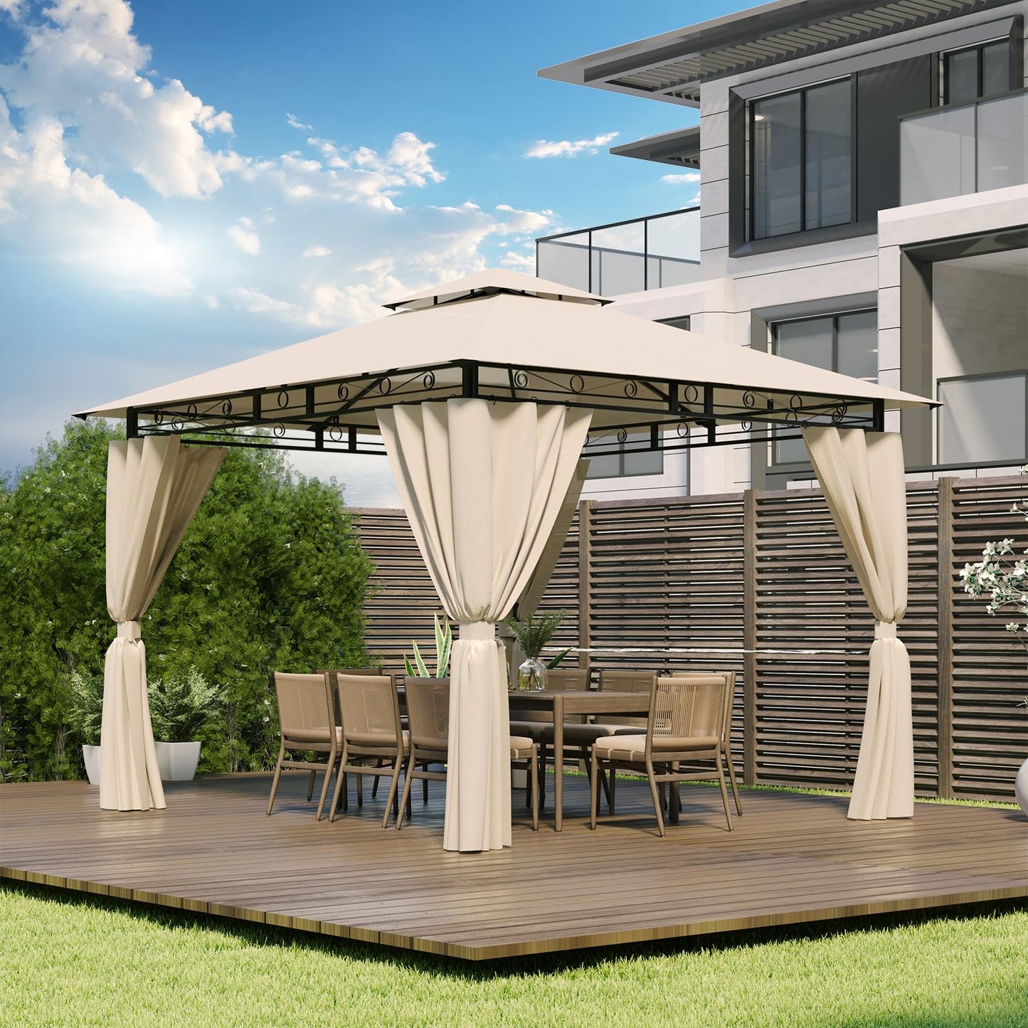 Devoko Garden Gazebo 3 x 3 Waterproof Stable Winterproof Deluxe Gazebo, UV Protection 50+ Double Roof Party Tent, Garden Tent, Patio Gazebo for Festivals, Events, Parties for 4-6 People, Beige