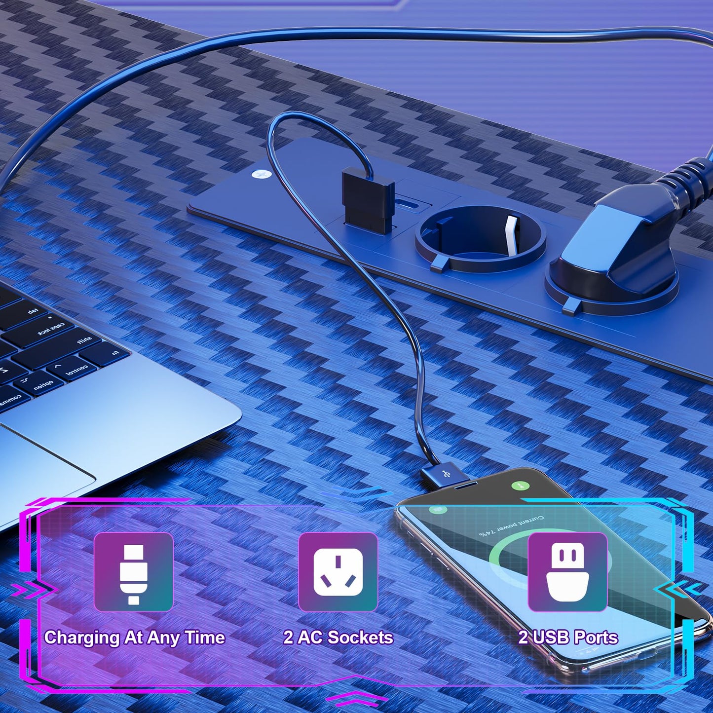 Devoko 153x153 cm Gaming Schreibtisch mit LED, groß Gaming Tisch L Form mit 2 Steckdosen und 2 USB Ladeanschluss, Eckschreibtisch PC Tisch mit großzügiger Monitorablage, Kohleschwarz