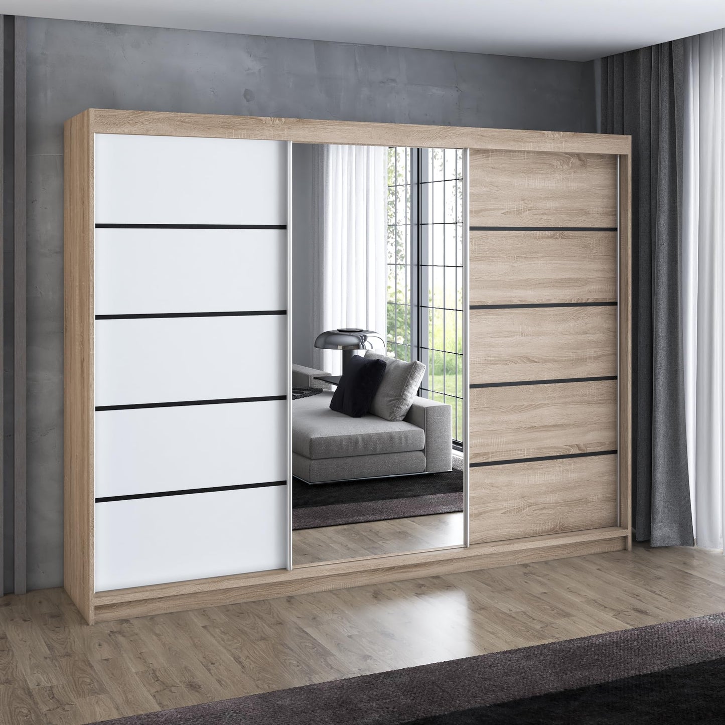 A&J MöbelLand Schwebetürenschrank VILANO 2, 3-türig Schrank 200 cm Kleiderschrank mit 4 Schubladen, und Spiegel (Weiß, Schwarz, Somona) (Schwarz/schwarz/schwarz)