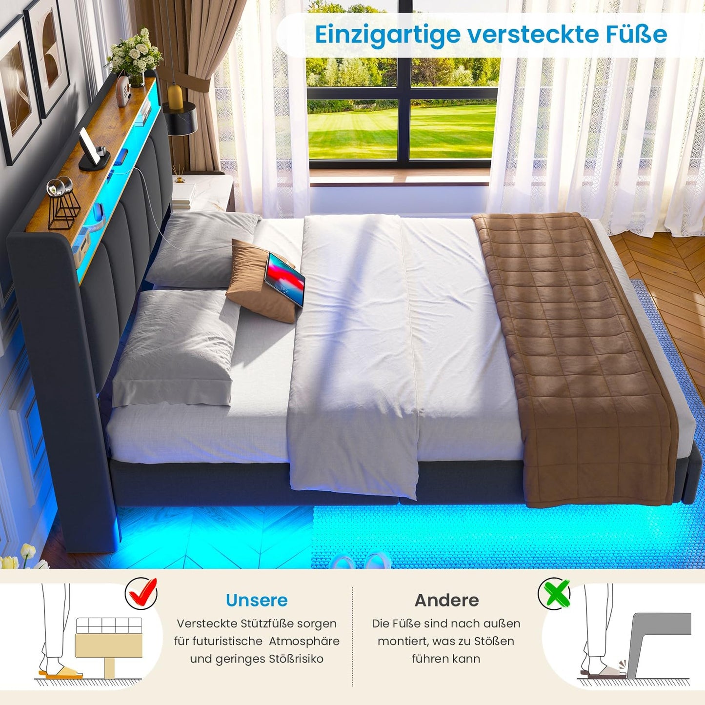 Brinlawb Upholstered Bed 140 x 200 cm Floating Bed with LED Lighting, Headboard and Charging Station (2 AC Sockets, 2 USB Ports), Bed 140 x 200 cm with Storage Space, Modern Double Bed with Slatted