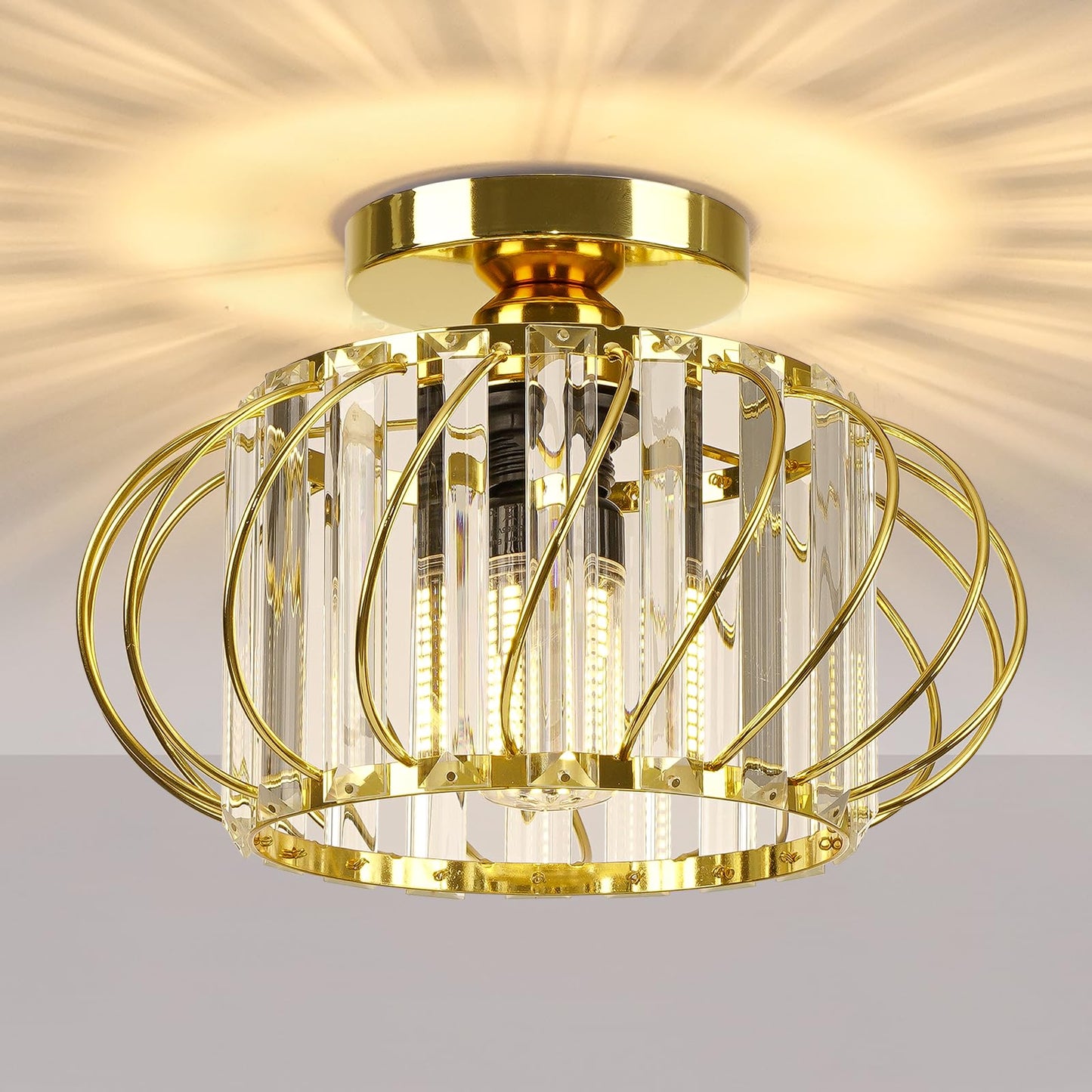 FRIDEKO HOME Modern Kronleuchter Kristall Deckenleuchte Gold,Kleine Kristall Deckenlampe E27 Fassung für Wohnzimmer Schlafzimmer Küche Flur,Ø23cm