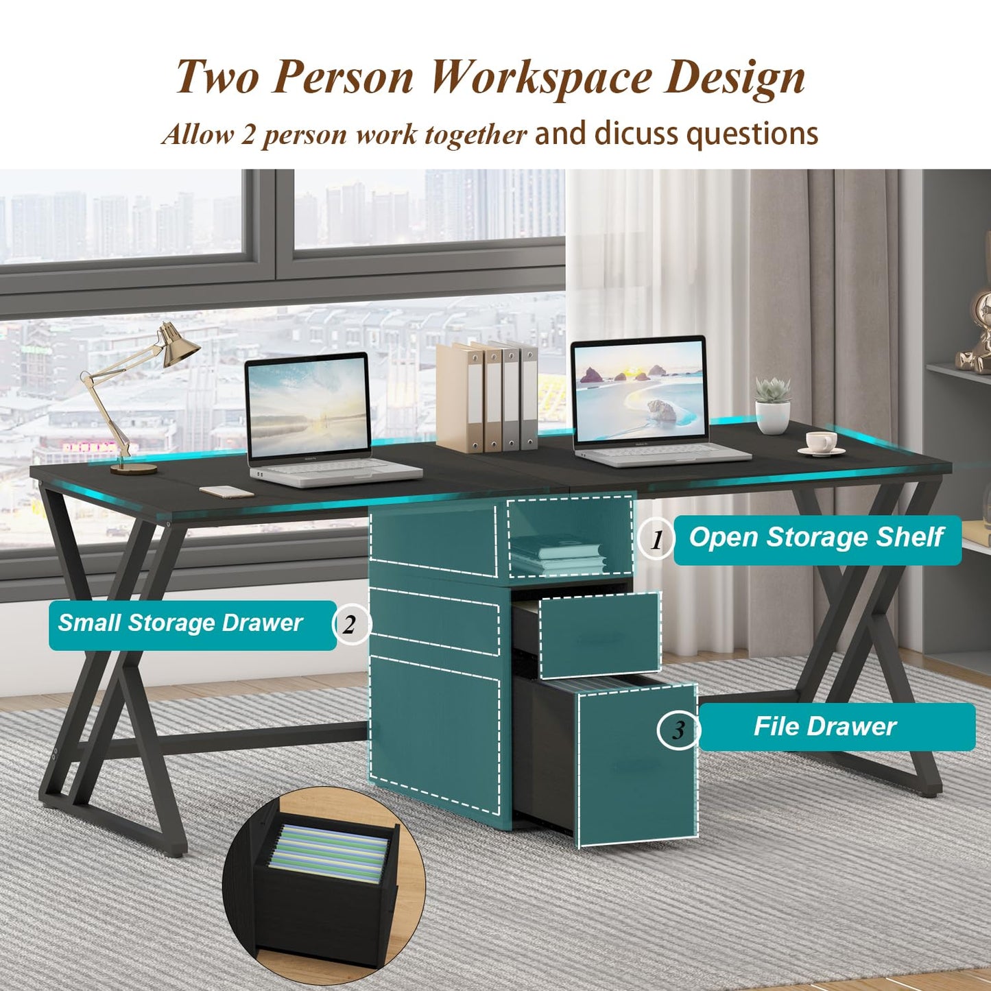 LVB Schwarz Large Double Industrial Computer-Schreibtisch mit Schubladen, Extra Lange Gaming-Tabelle mit Lagerung Schrank Regale, Holz-Metall-Computer-Schreibtisch