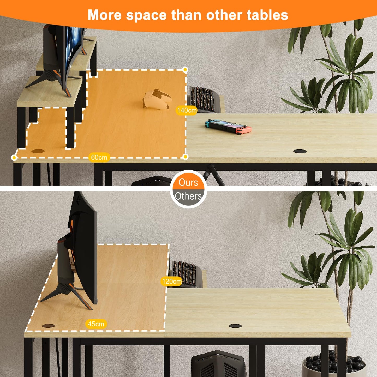 Flamaker Gaming Tisch l Form 140x140 cm - Eckschreibtisch mit RGB LED, Monitorständer & Ablagefach | 2 Steckdosen + 2 USB-Anschlüsse (Weiß)