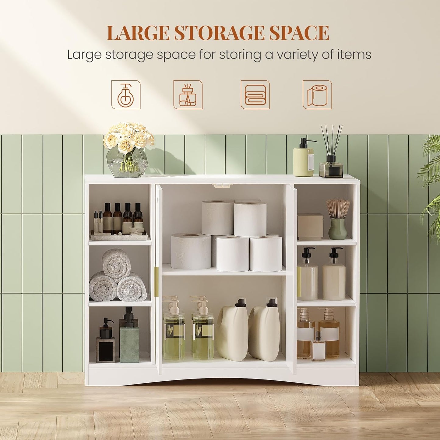 HEXCELEN Bathroom Cabinet, Storage Cabinet with 2 Doors, Side Cabinet, Kitchen Cabinet with Open Compartment, Adjustable Shelf, Bathroom Cabinet, for Bathroom, Living Room, Kitchen, White, 30 × 100 ×