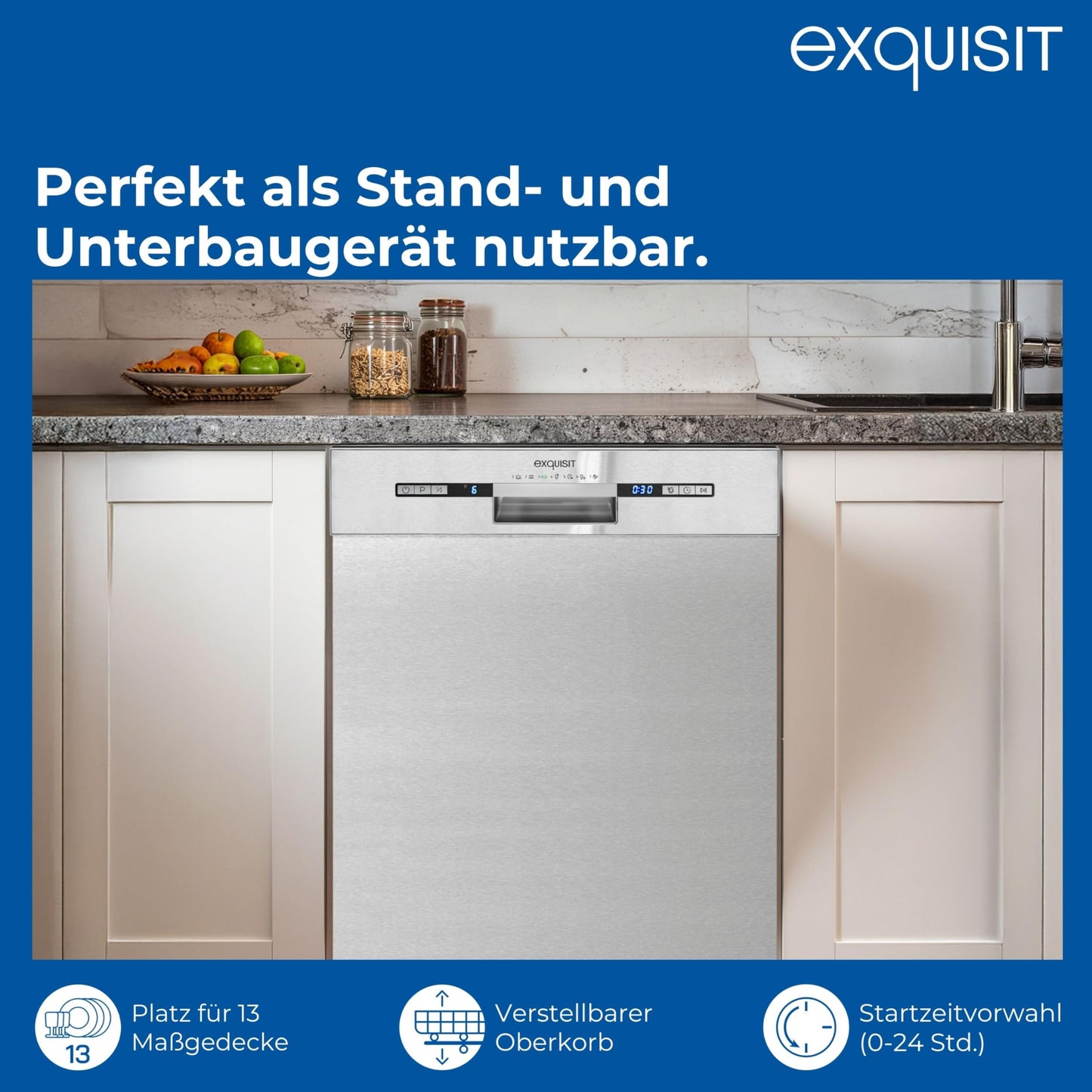 Exquisit PRO GSP56314-030C Dishwasher 60 cm, Undermountable, Energy Efficiency Class: C, 14 Place Settings, Cutlery Drawer, Automatic Door Opening, Delay Start, 11 Litres, Silver
