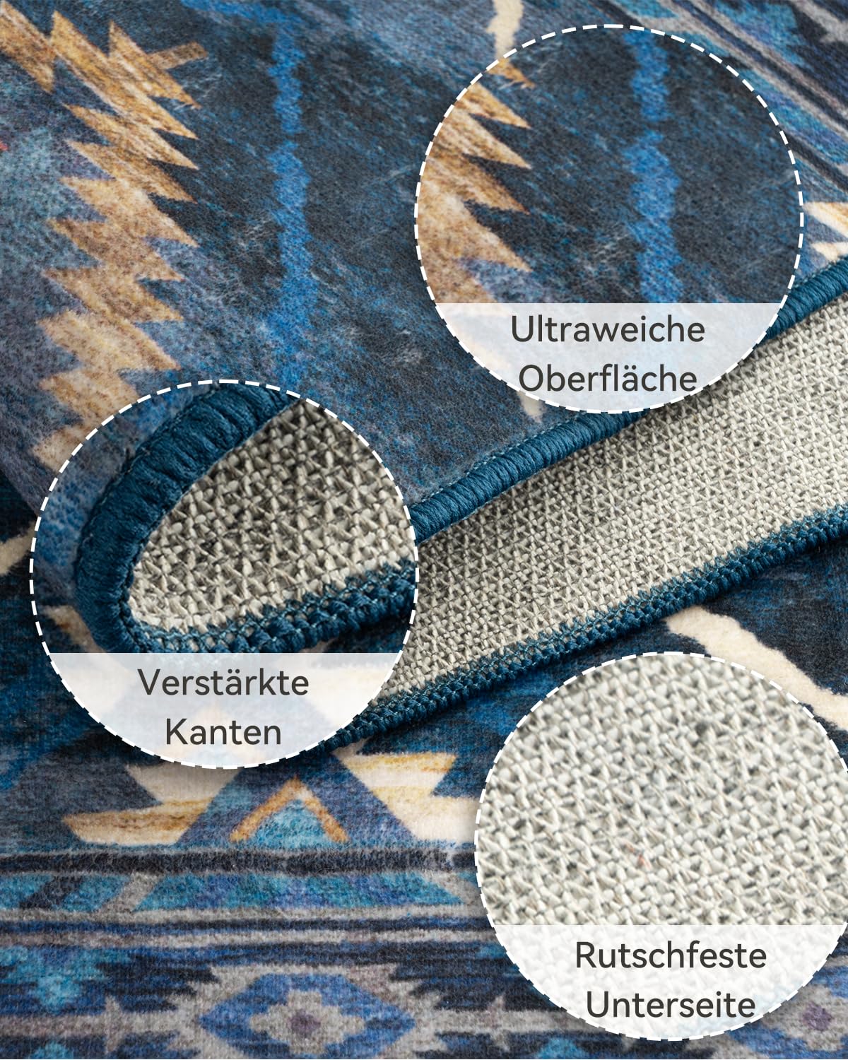 DEFYNEE Teppich Wohnzimmer 120 x 180 cm – Waschbarer Kurzflor Teppich, rutschfest, Vintage & Boho Stil, Pflegeleicht – Für Flur, Wohnzimmer, Schlafzimmer & Esszimmer, Dunkelblau
