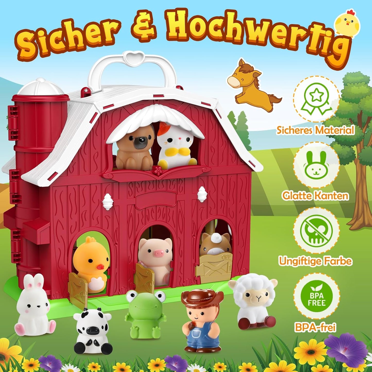 HappyKidsClub Montessori Bauernhof Spielzeug ab 1-4 Jahre, Aufklappbare Scheune Spielhaus für Kleinkinder mit 9 Tieren & Bauer - Pädagogisches Geschenk für Kinder - Baby Lernspielzeug Set