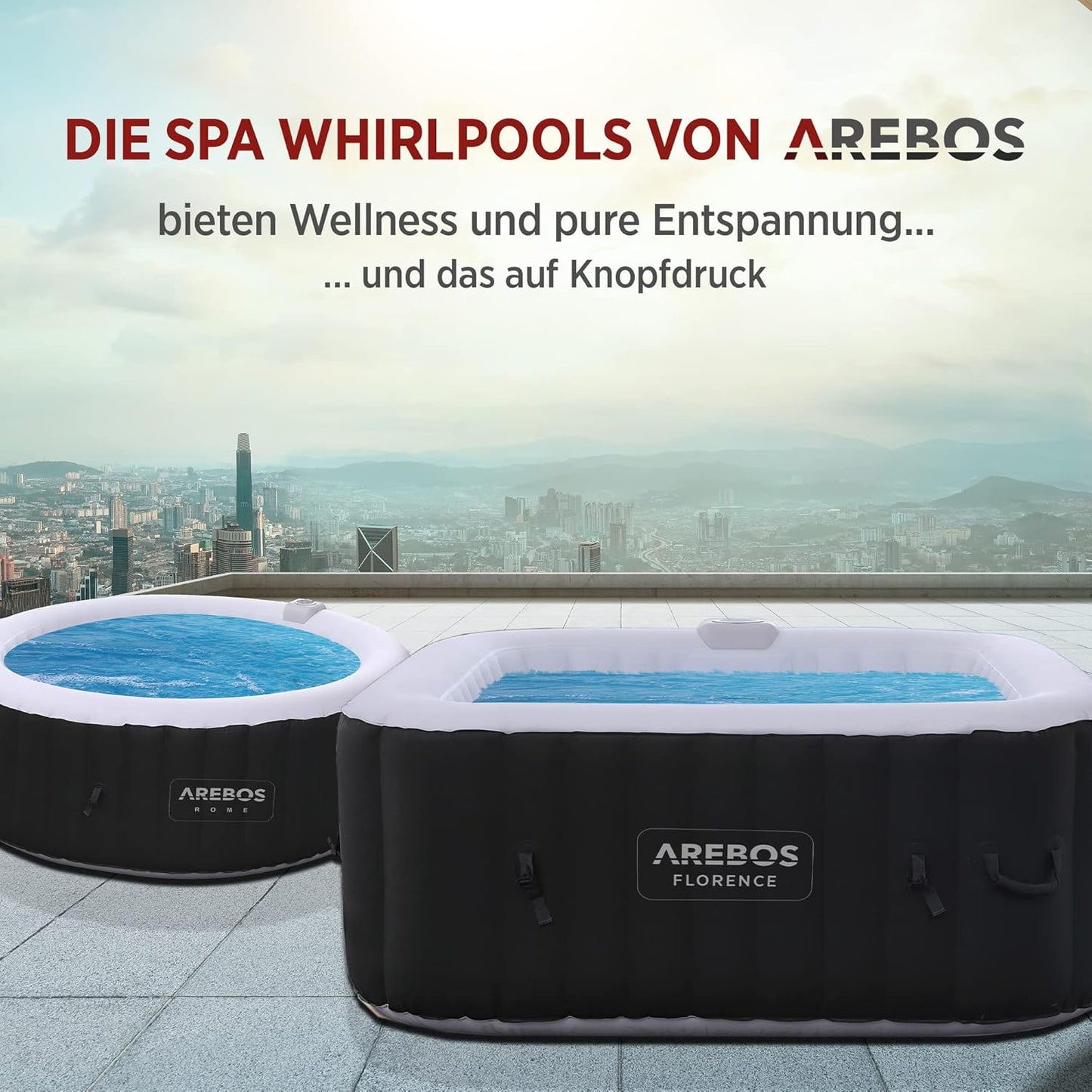 Arebos Aufblasbarer Spa Pool | für drinnen und draußen | Whirlpool 4 Personen | 154x154cm | 100 Massagedüsen | Wellness Spa Heizung | Aufblasbare Massage Quadrat | 600 Liter