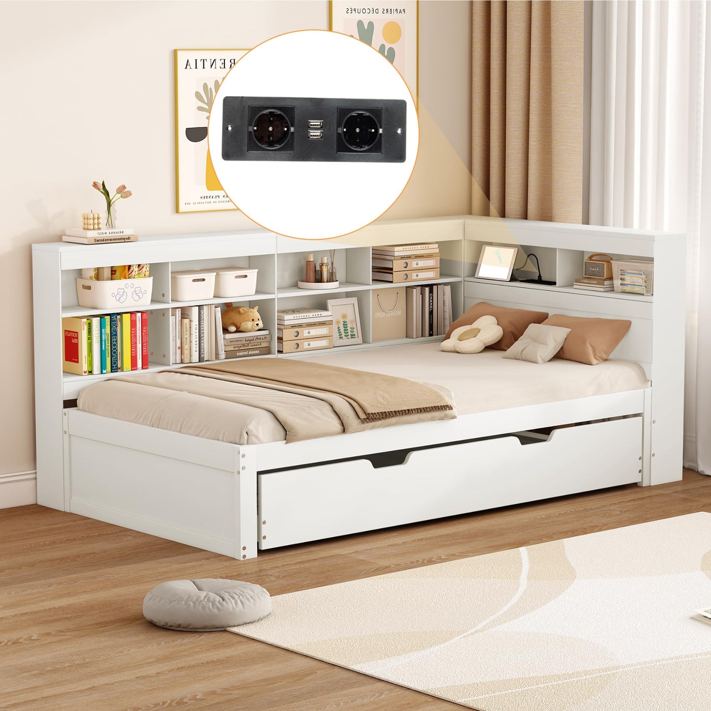 xixiworkshop Kinderbett 90x200cm Ausziehbett Bett mit Stauraum und USB-Steckdose/Mehreren Ablagefächern multifunktionales Jugendbett/Gästebett/Doppelbett mit Stauschrank Lattenrost,Ohne Matratze,Grau