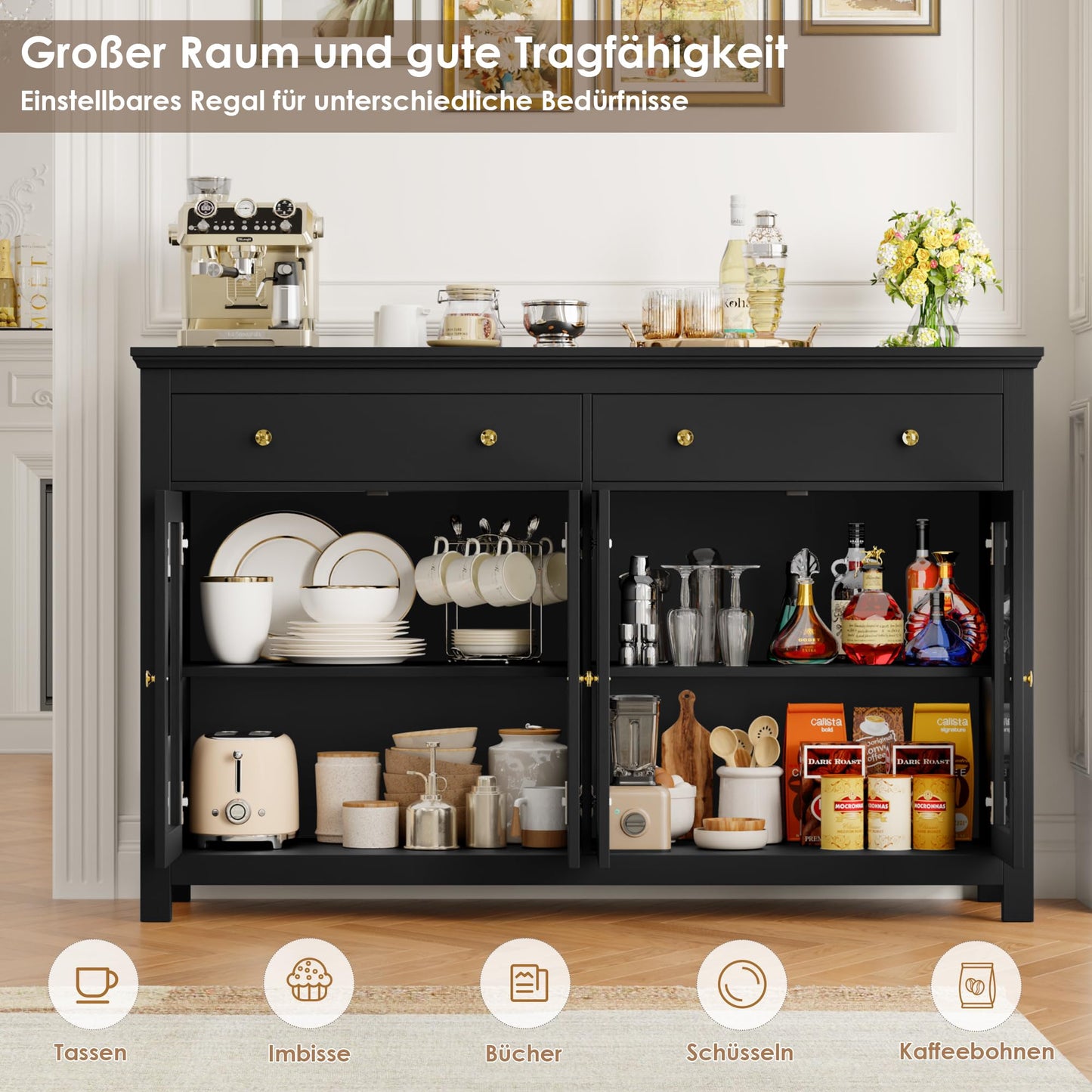 FirFurd Sideboard 140 cm Wide Kitchen Cabinet with Worktop Sideboard for Kitchen Living Room Buffet Cabinet with 2 Drawers and 4 Glass Doors Kitchen Buffet with Adjustable Shelf 140 x 90.7 x 40 cm