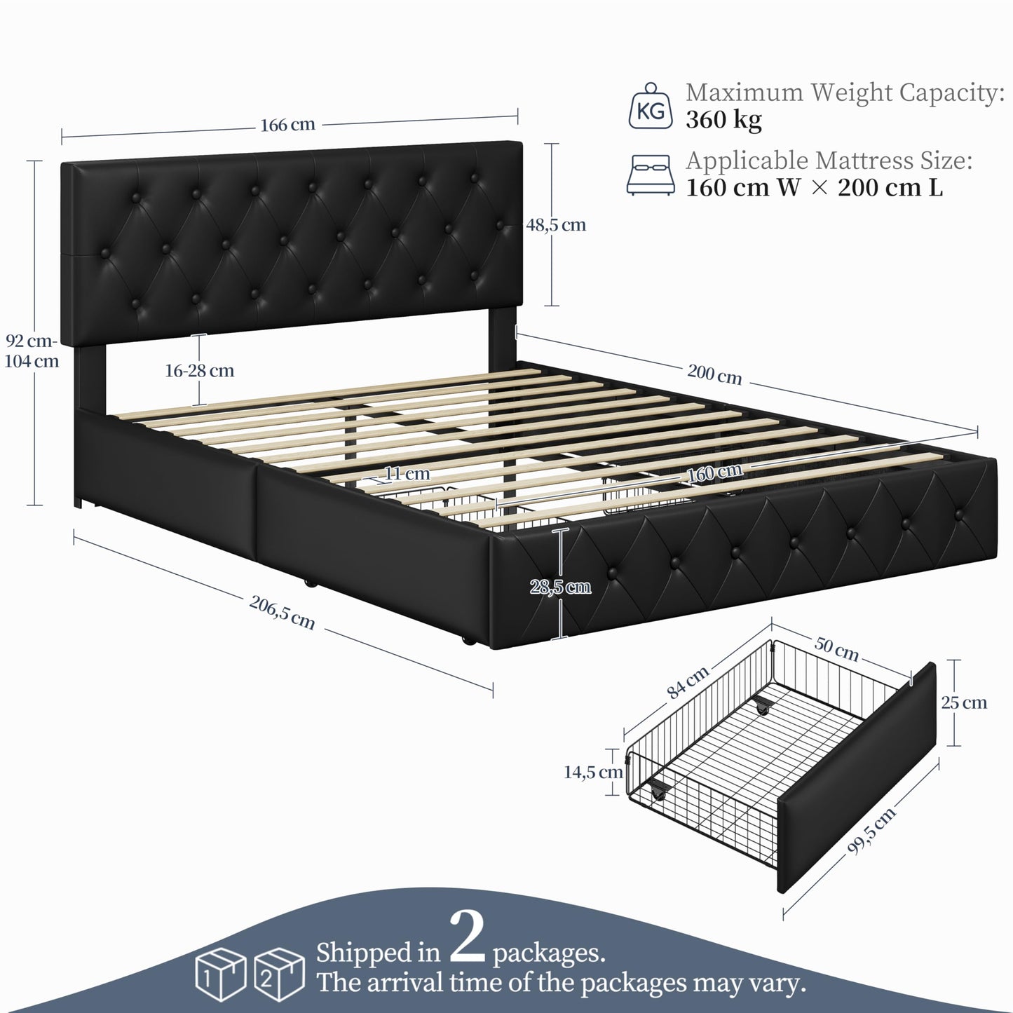 Yaheetech Polsterbett 140 x 200 cm Doppelbett Bettrahmen mit 2 Schubladen höhenverstellbares Kopfteil Gepolstertes Bett mit Lattenrost viel Stauraum, Schwarz