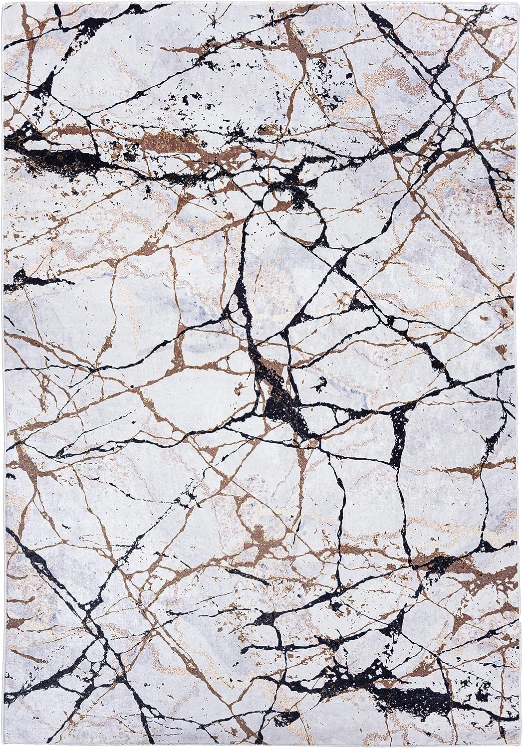 Mazovia Modern Teppich - Kurzflor Waschbar - Weich Teppich für Wohnzimmer, Schlafzimmer, Esszimmer – Teppiche Marmor Abstrakt Muster - Schwarz Gold 160 x 230 cm