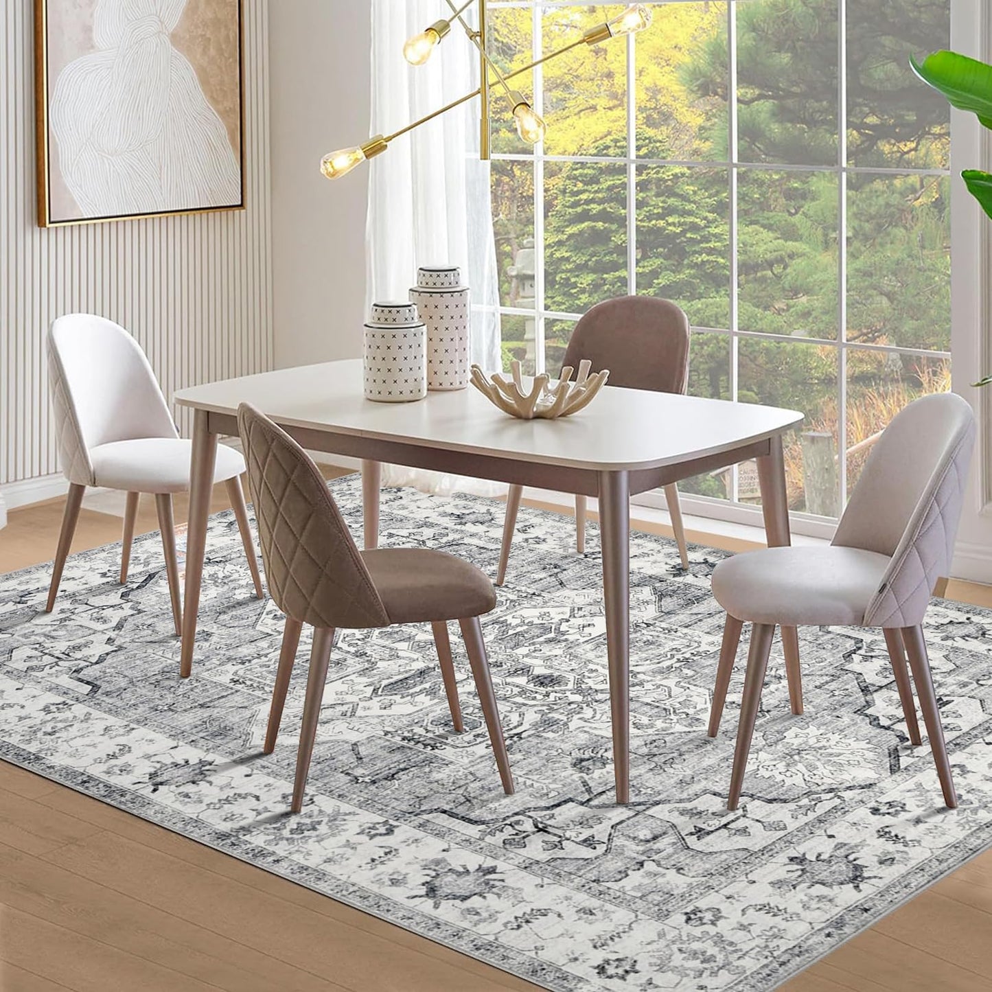 WONGS BEDDING Boho Rug Living Room Bedroom Short Pile Rugs Washable Soft Non-Slip Vintage Design