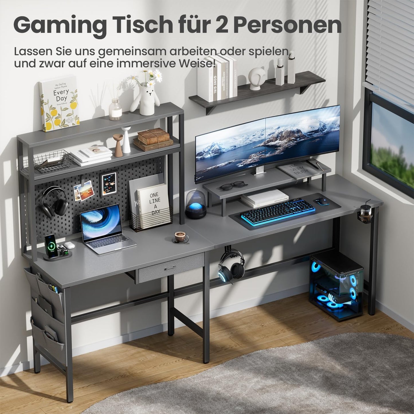 HLONONE Gaming Table with LED, 150 x 100 cm Gaming Desk, L Shape with 3 Sockets and 2 USB, Reversible Corner Desk, PC Corner Table, Computer Desk with Monitor Stand and Countertop Shelf, Black
