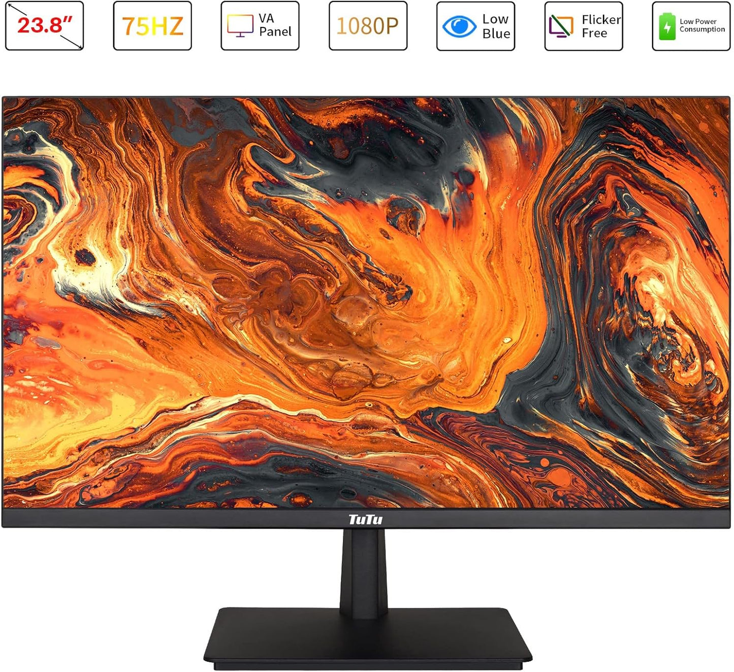 TuTu 24 Zoll Monitor Full HD VA Panel Randlos 75HZ Eye Care (1920 x 1080, VGA HDMI VESA 75 x 75mm) Flimmerfrei Blaulichtfilter Niedriger Stromverbrauch Monitor für PC Büro Schwarz