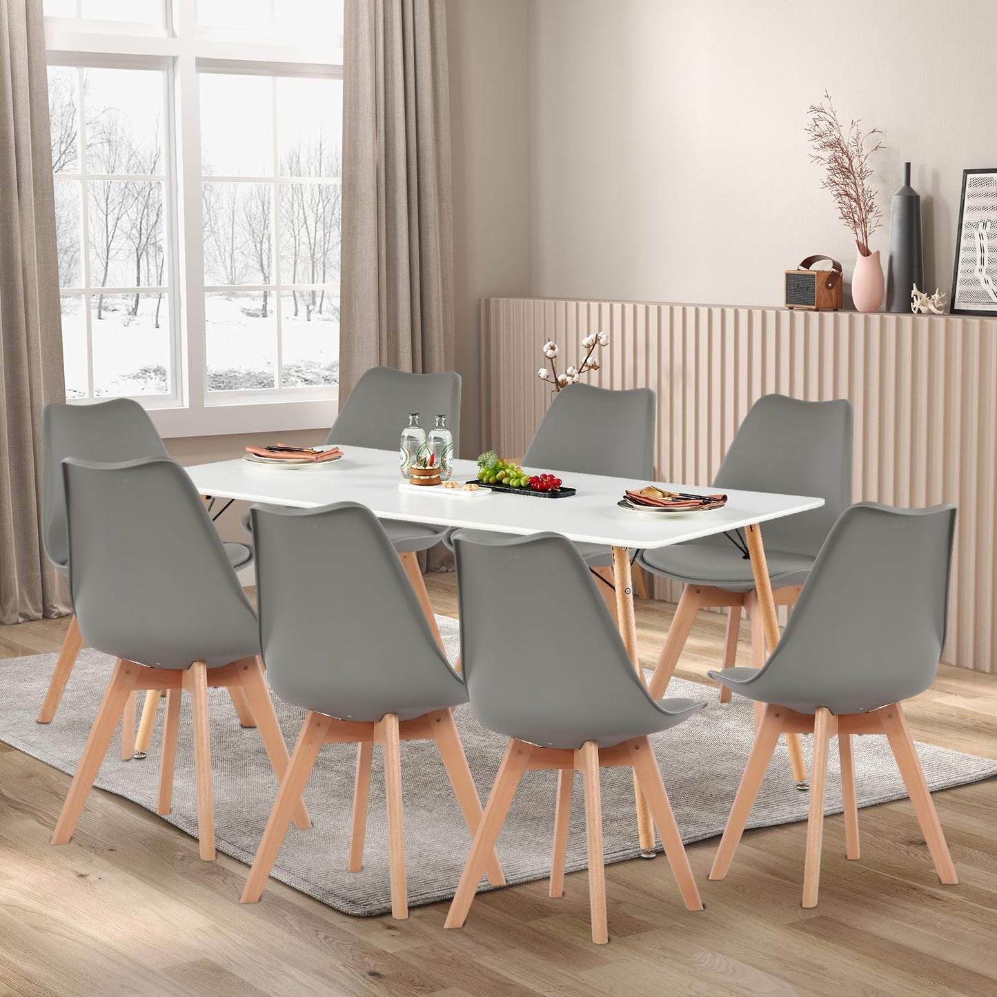H.J WeDoo Esszimmergruppe mit 4 Essstühlen, Rechteckig Esstisch und Stühle für Esszimmer, Küche, Wohnzimmer, Weißer Esstisch und Graue Stühle