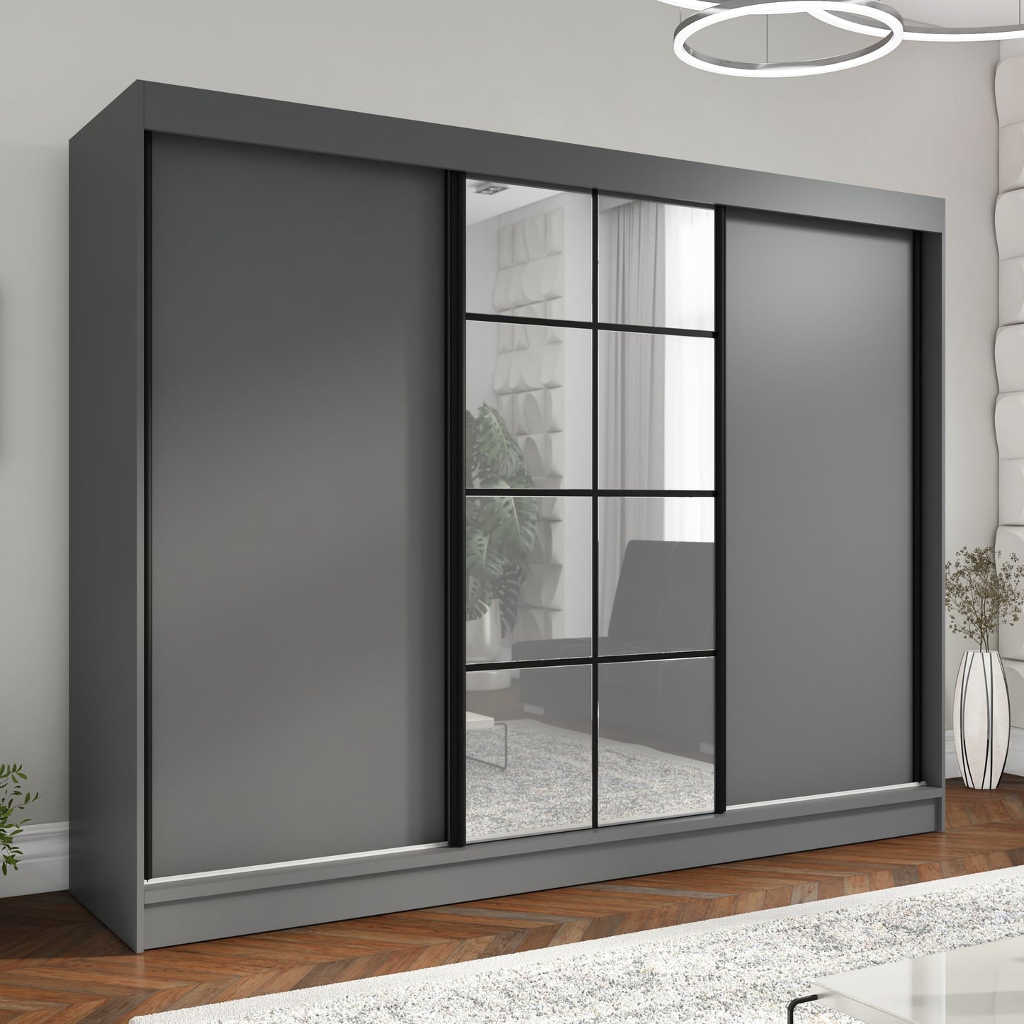 A&J MöbelLand Oravelle Sliding Door Wardrobe 3 Doors with Drawers and Mirror 200 cm (Black)