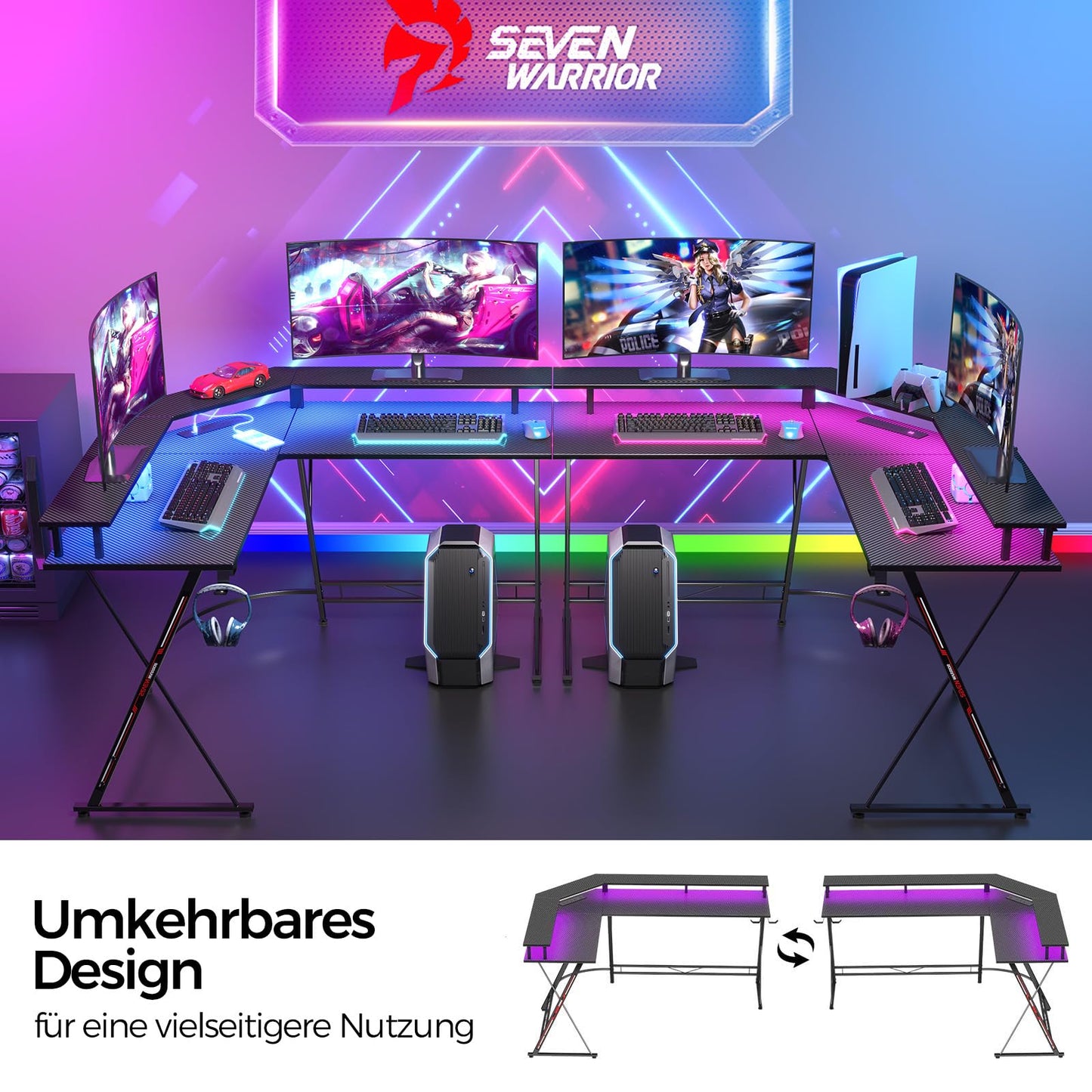 SEVEN WARRIOR Gaming Table L Shape, Gaming Desk with Socket, LED, Monitor Stand & 2 Hooks, Corner Desk with Carbon Fibre Surface, PC Computer Desk for Bedroom (127 x 127 cm)