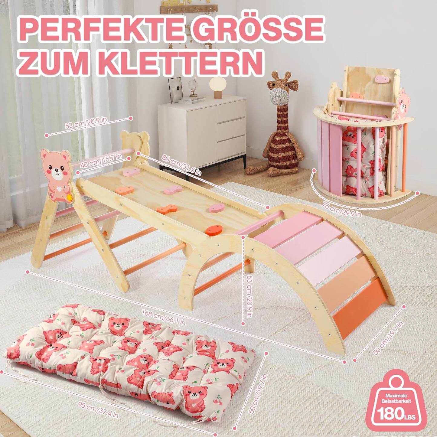 7-in-1 Montessori Kletterdreieck Set mit Rutsche, Kletterbogen & weichem Kissen – Holz Klettergerüst für Babys & Kleinkinder ab 1–3 Jahre, Indoor Spielgerät, faltbar & sicher (Dinosaur)