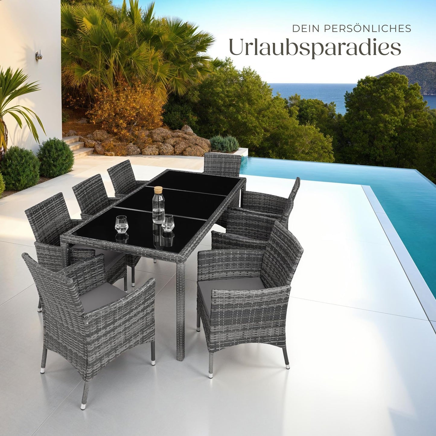 tectake® edles Outdoor Gartenmöbel Set Rattan Sitzgruppe mit Sessel und Tisch für 8 Personen, inkl. Schutzhülle und Polstern, Balkon Möbel wetterfest - Natur/dunkelgrau