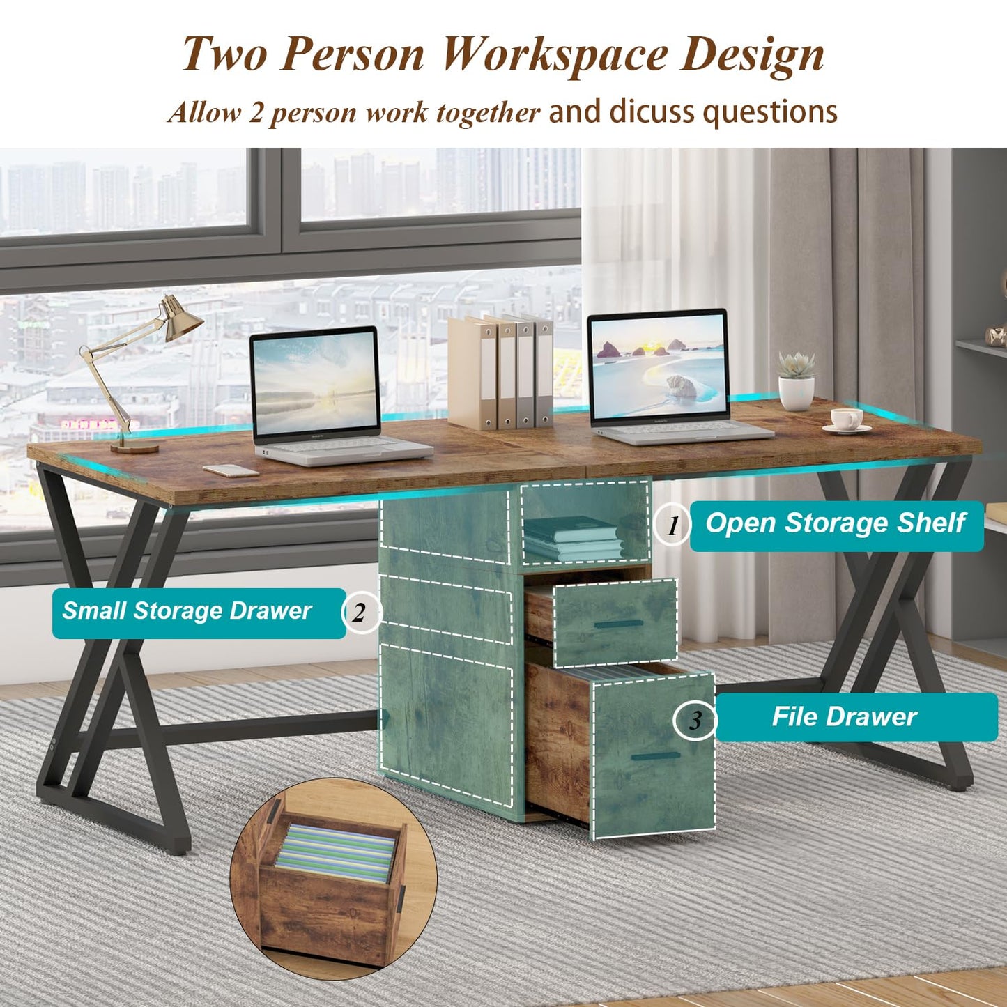 LVB Schwarz Large Double Industrial Computer-Schreibtisch mit Schubladen, Extra Lange Gaming-Tabelle mit Lagerung Schrank Regale, Holz-Metall-Computer-Schreibtisch