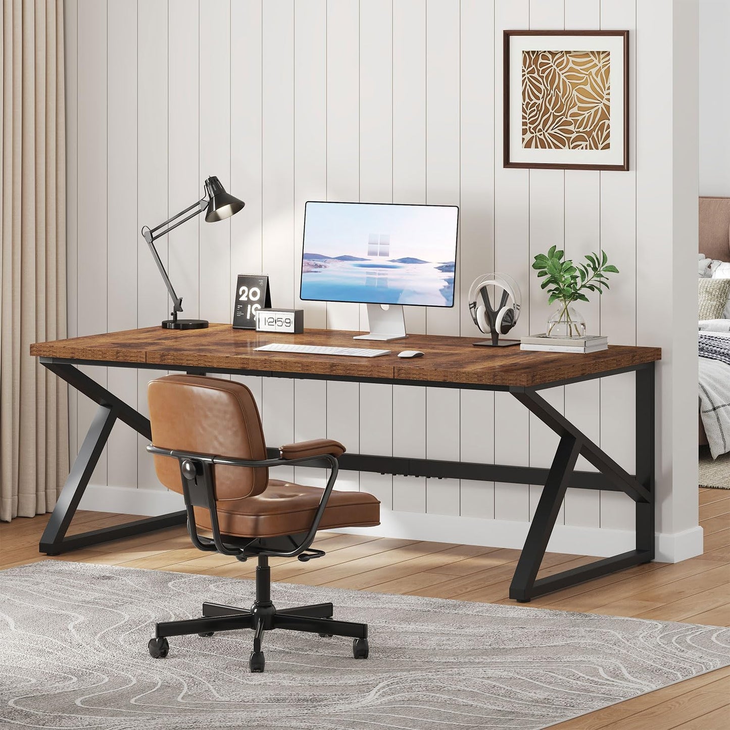 IBF Desk in Brown Colour with a Length of 70 Inches, Industrial Large Double Metal and Wood Desk for Computer, Long Office Table for Home