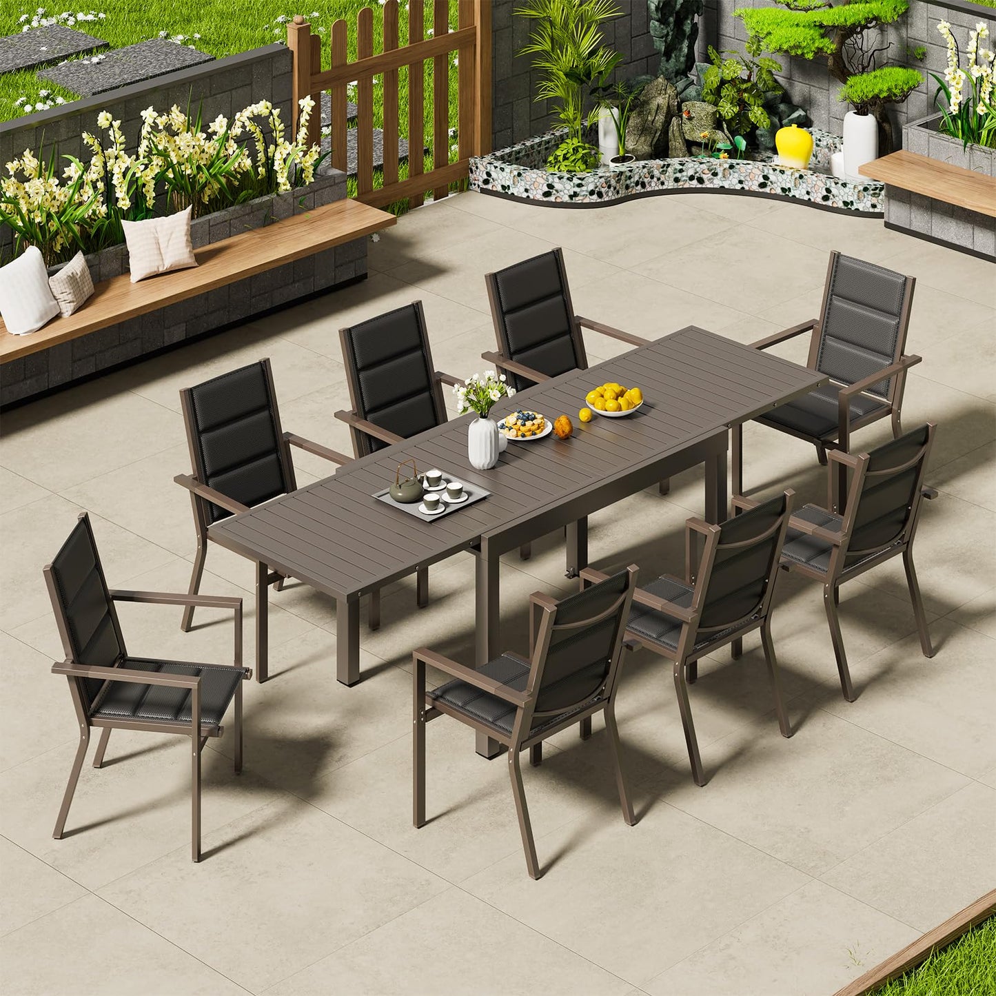 Devoko Garden Furniture Set for 8 People, 8 + 1 Aluminium Table and Chairs Set, Balcony Furniture, 8 Stackable Garden Chairs and 1 130/260 cm Stretchy Garden Table, Patio Furniture Sets Outdoor