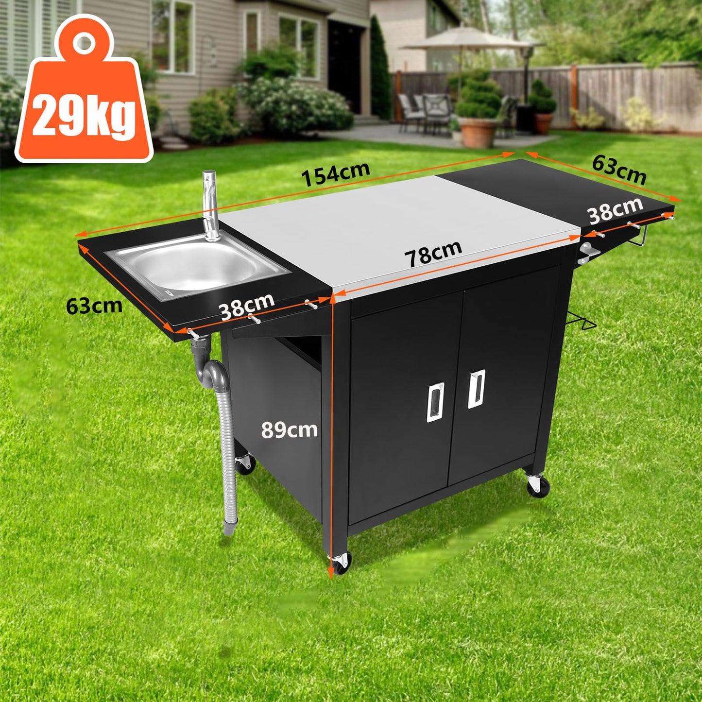 GFTIME Barbecue Trolley, 154 x 63 x 89 cm, Outdoor Kitchen Trolley, Outdoor Kitchen, Grill Table for Onni Pizza Ovens, Outdoor Kitchen for Ninja Woodfire and Weber Q Series, Mobile Pizza Oven Table