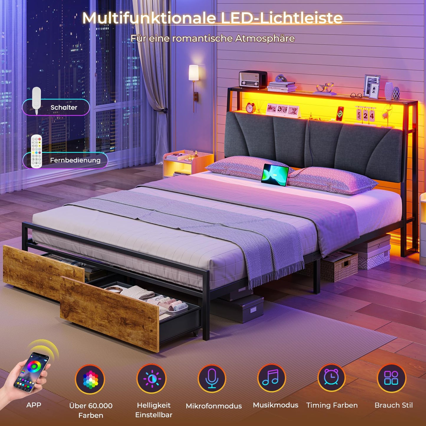 Brinlawb Bed 140 x 200 cm with Metal Slatted Frame, Bed Frame 140 x 200 cm with LED Lighting and Charging Station (2 AC Sockets & 2 USB Ports), Double Bed with 2 Large Drawers, Grey