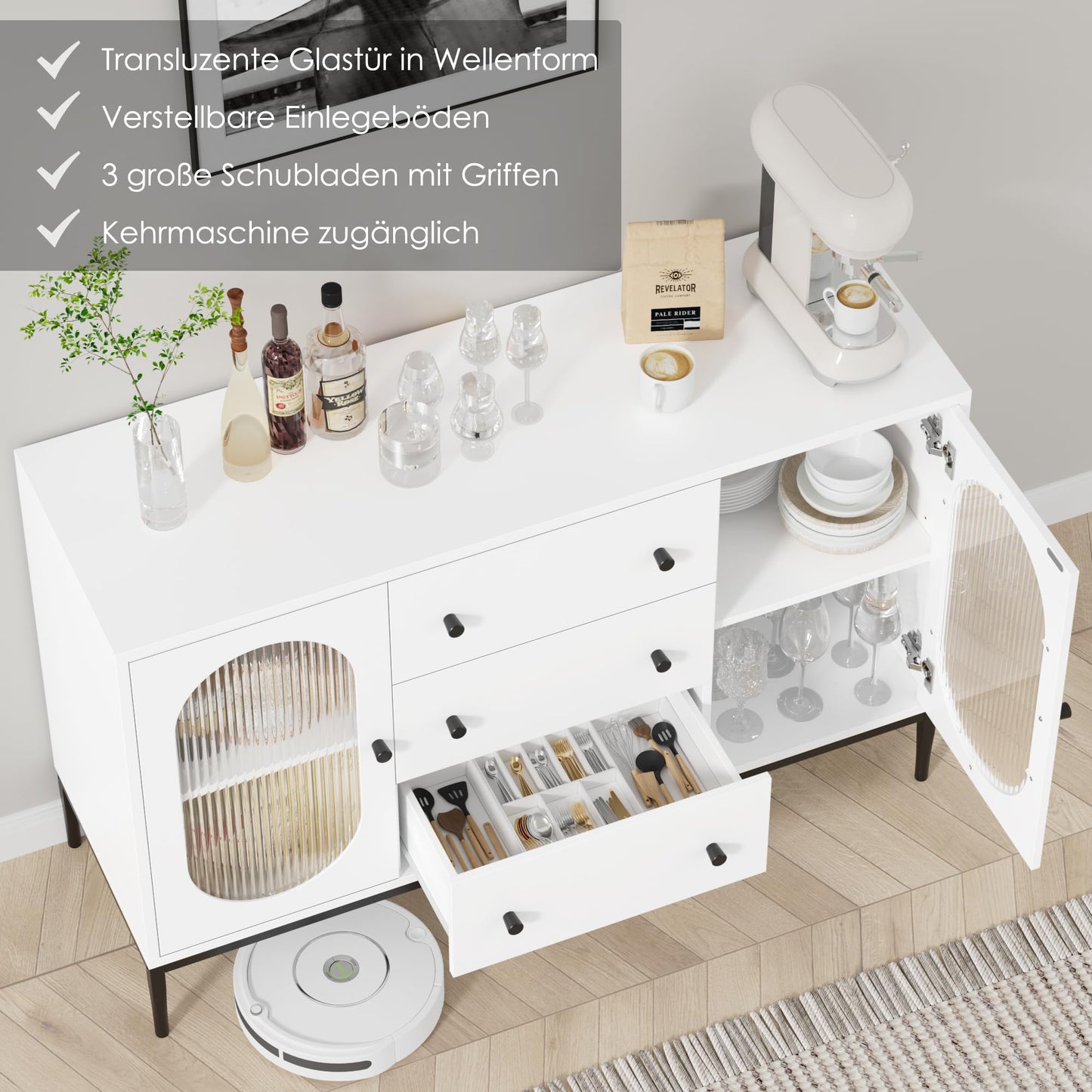 FirFurd Sideboard 120 cm Wide Kitchen Cabinet with Worktop Buffet Cabinet with 2 Glass Doors 3 Drawers Kitchen Buffet with Adjustable Shelf for Kitchen Dining Room Living Room 120 x 38 x 80 cm Black