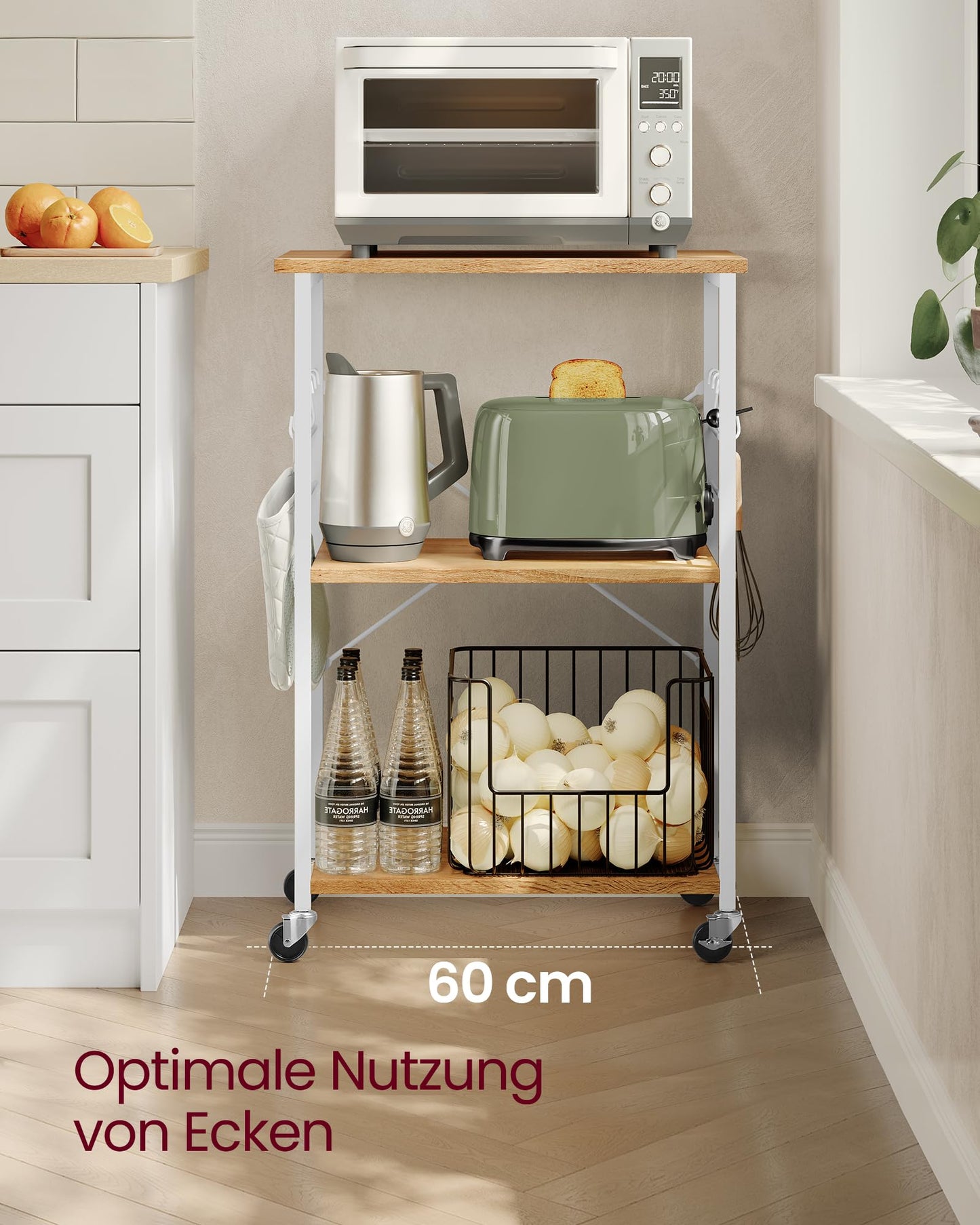 VASAGLE KKS60XV1 Kitchen Rack on Wheels Serving Trolley 3 Tier Kitchen Trolley Mini Oven Microwave Metal Frame 6 Hooks 40 x 60 x 89 cm Vintage Brown Ink Black
