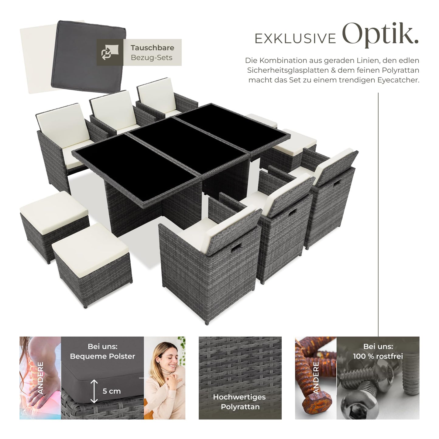 tectake Polyrattan Gartenmöbel Set, Sitzgruppe mit 6 Stühle +1 Glasplatte Tisch + 4 Hocker, Gartenlounge Set klappbar, für bis zu 10 Personen, Balkon Möbel, inkl. 2 Bezugsset - Natur