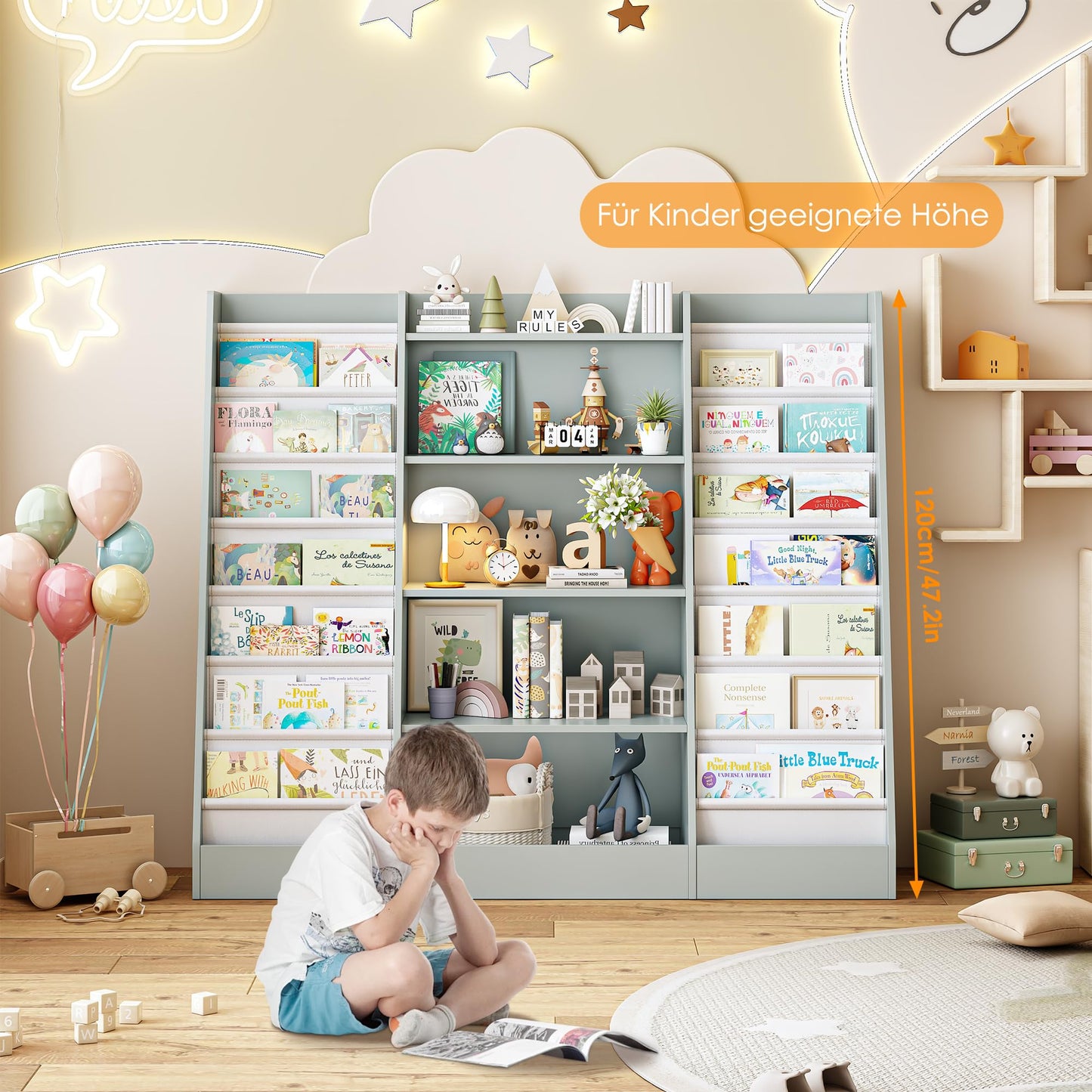 FOREHILL 129 cm Breite Kinderregal, Bücherregal für Kinder mit 14 Ablagen, Kinderzimmer Möbel aus Holz, Spielzeugregal, Regal für Kinderzimmer, Kindergarten, Leseecke, 129 x 120 x 35 cm (weiß)