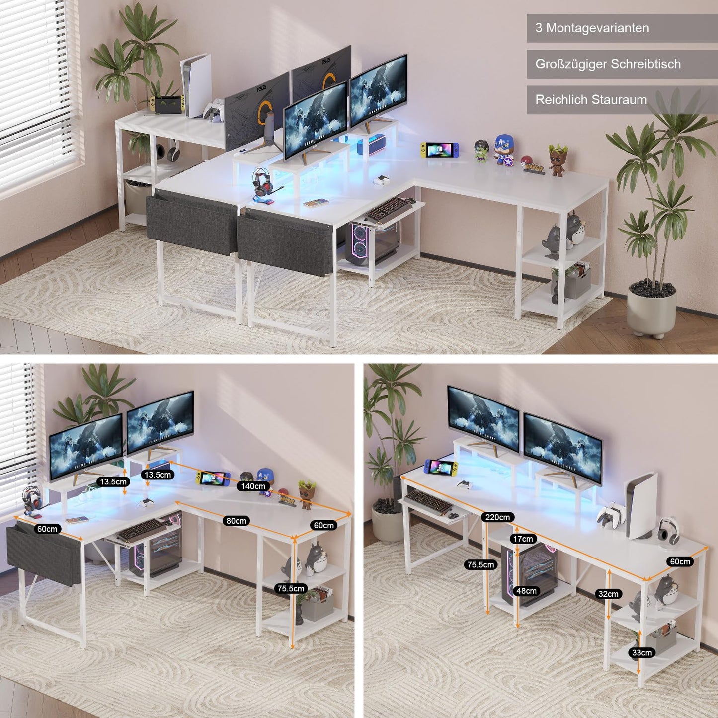 Flamaker Gaming Tisch l Form 140x140 cm - Eckschreibtisch mit RGB LED, Monitorständer & Ablagefach | 2 Steckdosen + 2 USB-Anschlüsse (Weiß)