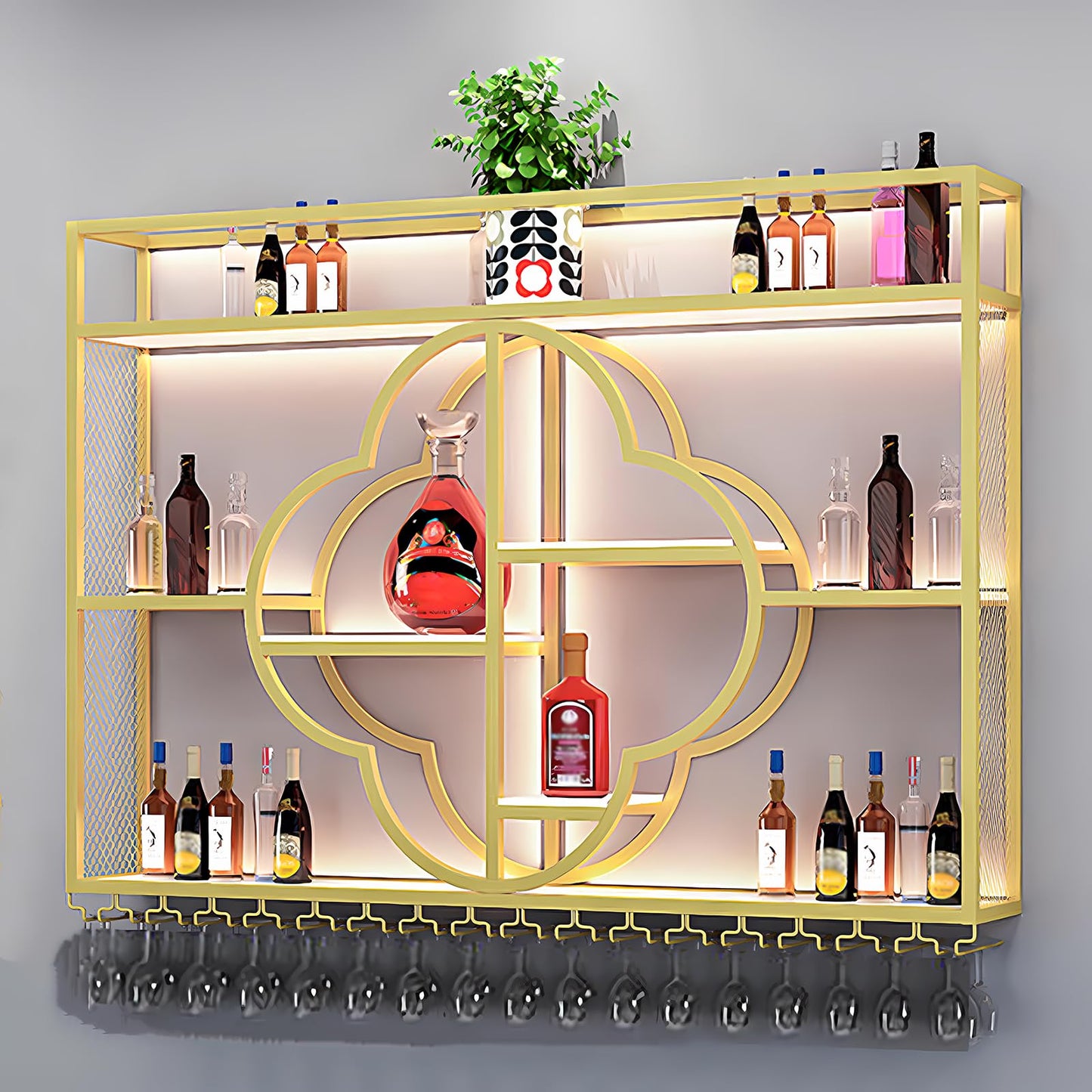 YDEHUEAD Moderne Metall Wand montiert Wein Display Rack, Flower Type-Schicht-Eisen-Rack, Wand Flaschenregal für Ba, Bar Einheit Floating Shelves, Flaschenregal für Home, Restaurant (Black, 150)
